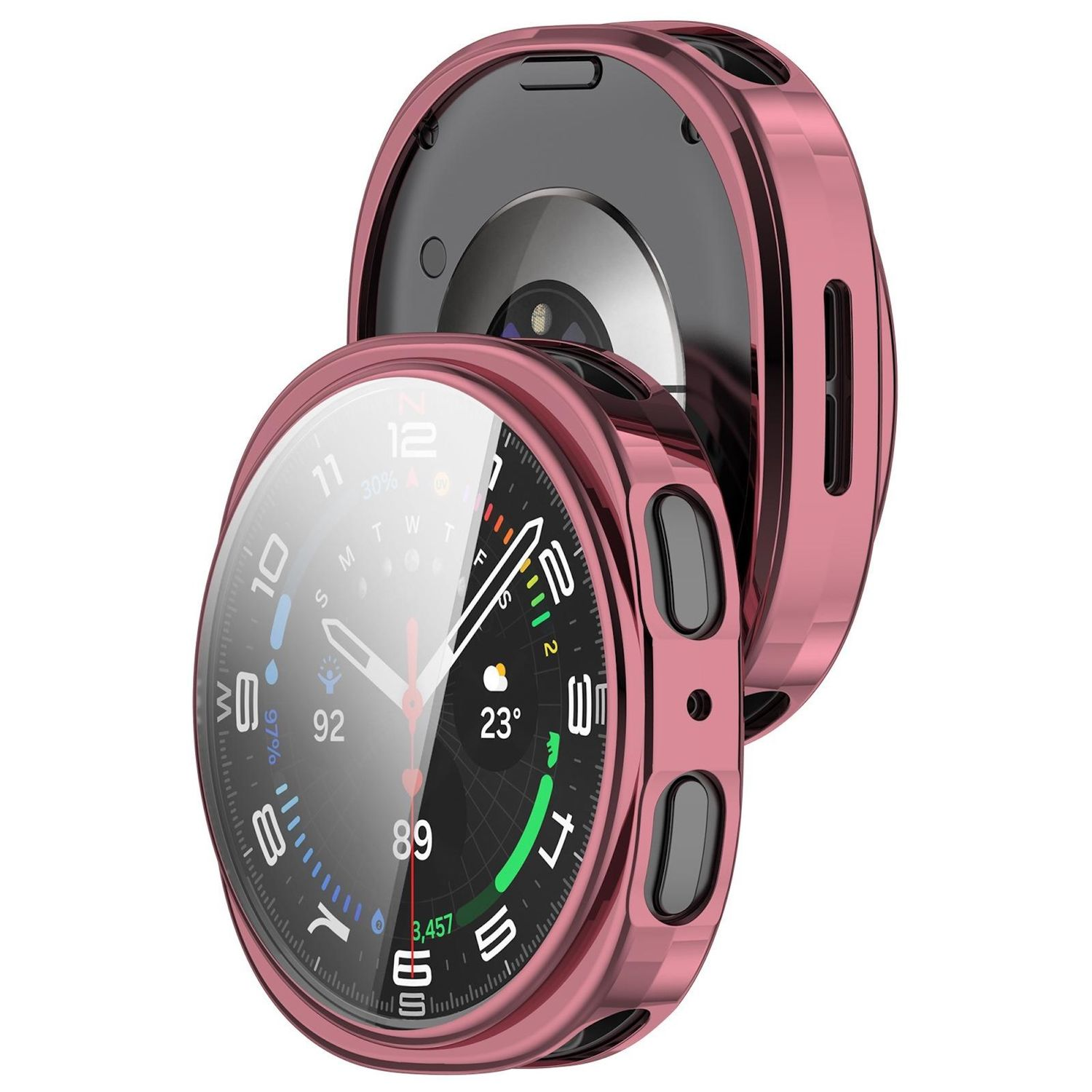 Una cassa per orologio rosa con un orologio all'interno, che mostra l'ora.
