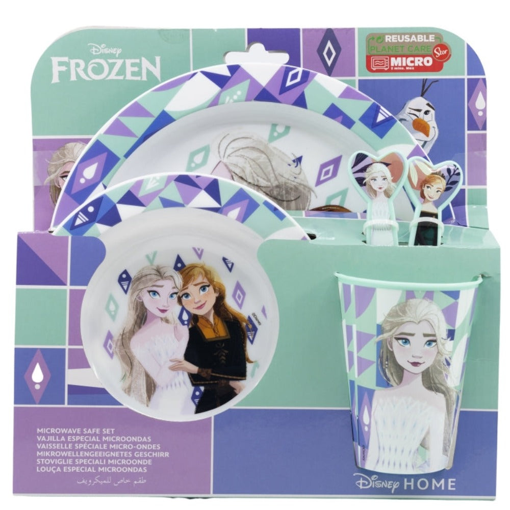 Frozen-Geschirrset in Verpackung. Teller, eine Tasse und Figuren von Charakteren.