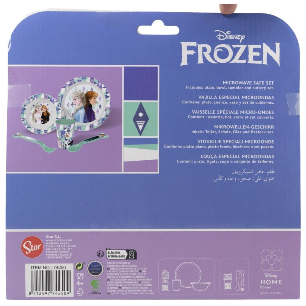 Rückseite eines Disney Frozen mikrowellengeeigneten Sets, einschließlich Teller, Schüssel und Besteck. Text in mehreren Sprachen.
