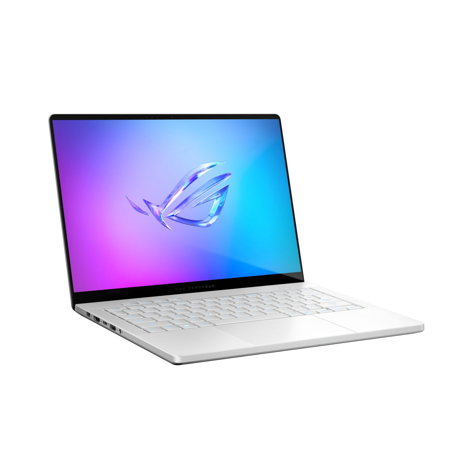 Biały laptop z niebiesko-fioletowym ekranem wyświetlającym logo, otwarty na białej powierzchni.