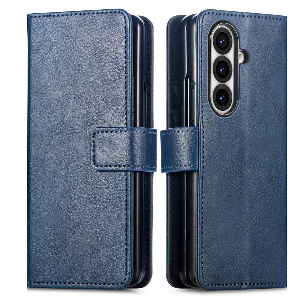Twee gesloten blauwe leren telefoonhoesjes met een cameralens zichtbaar aan één kant.