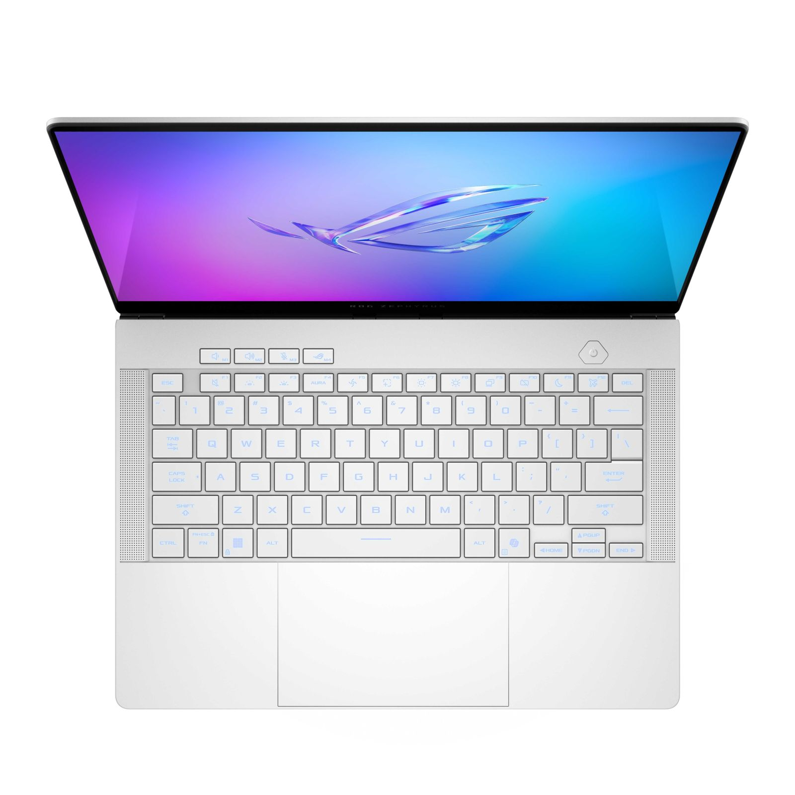 Biały laptop z klawiaturą i ekranem wyświetlającym logo, otwarty na białej powierzchni.