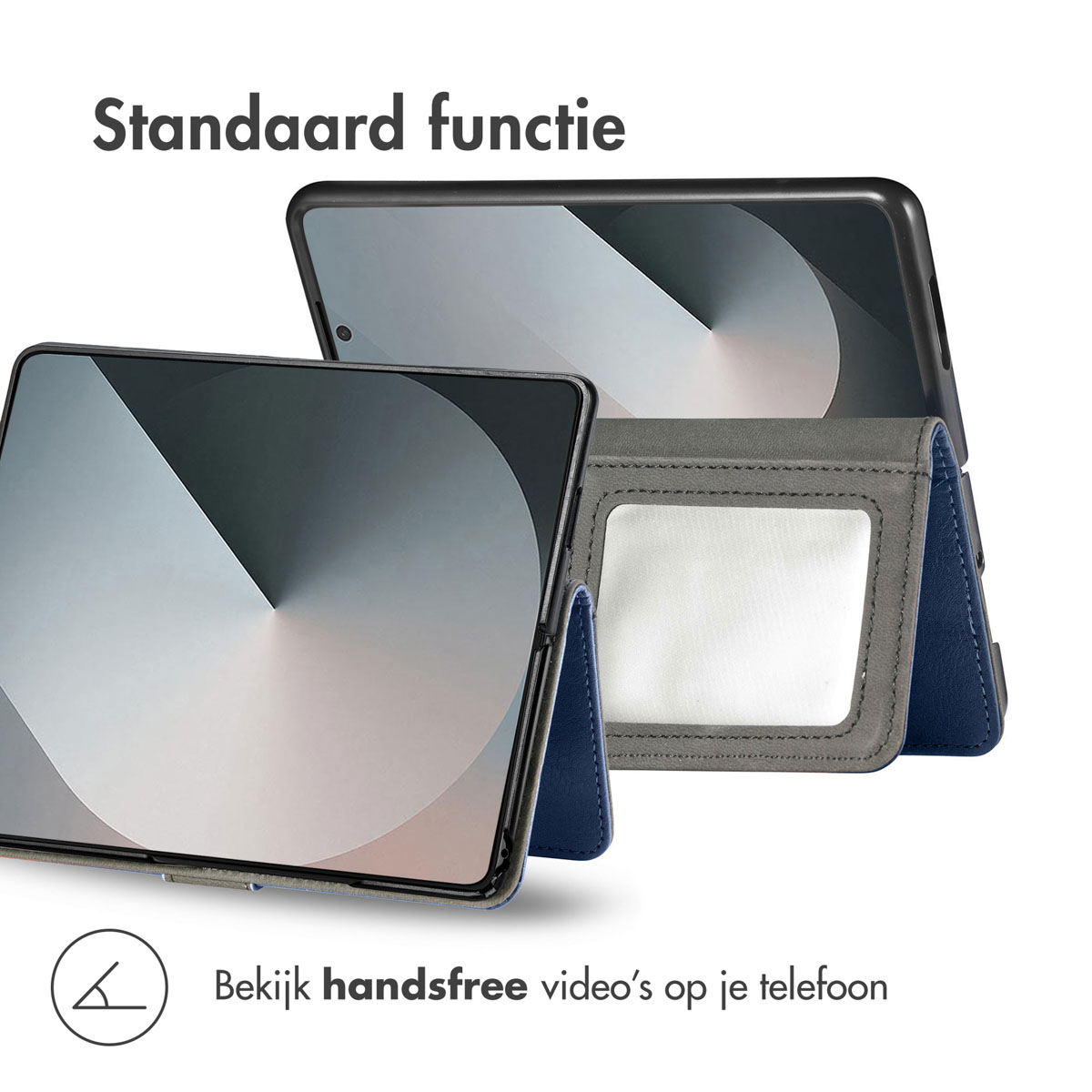 Twee tablets in hoesjes, waarvan één open als standaard. De tekst geeft handsfree video bekijken aan.