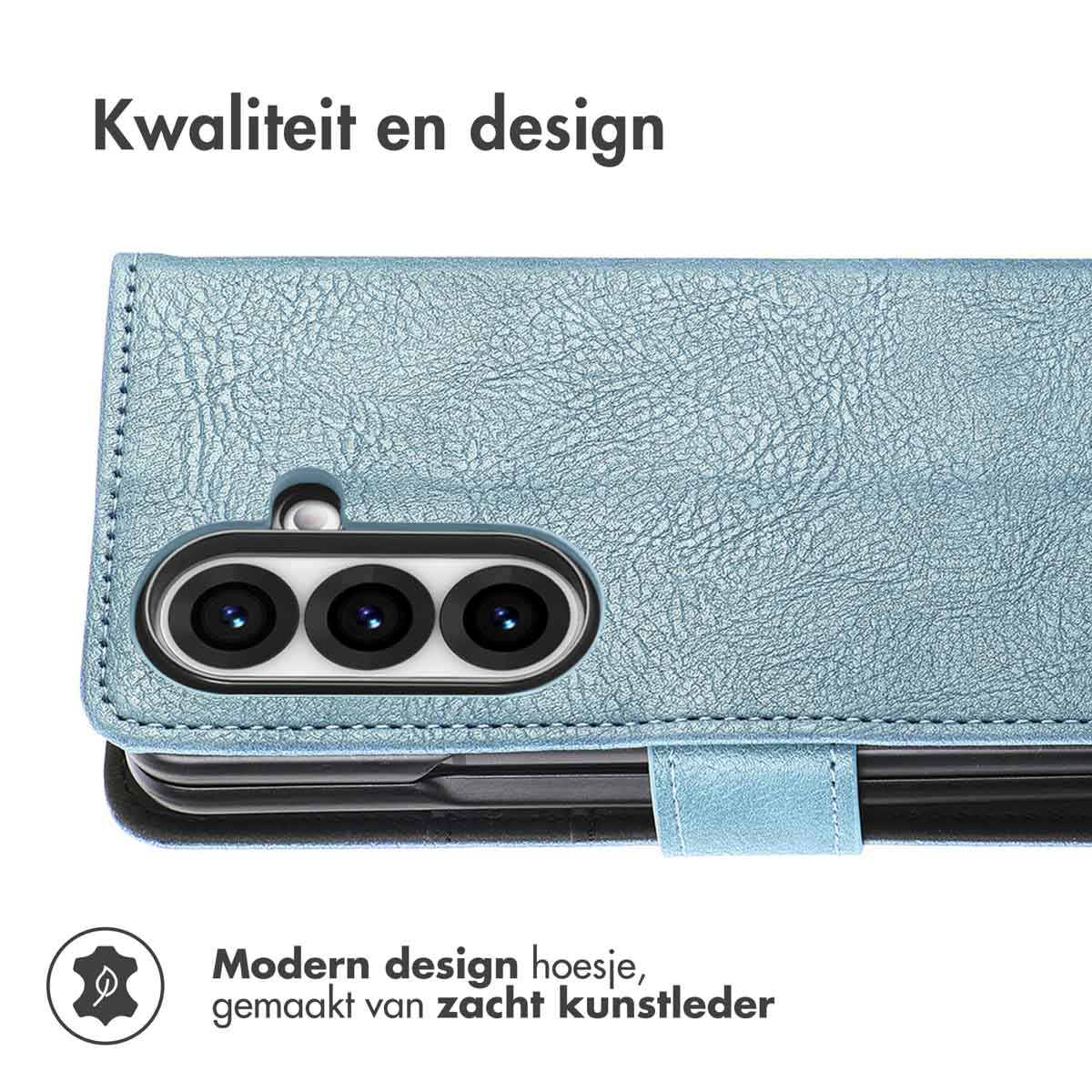 Een blauwe telefoonhoes met de camera-opstelling.