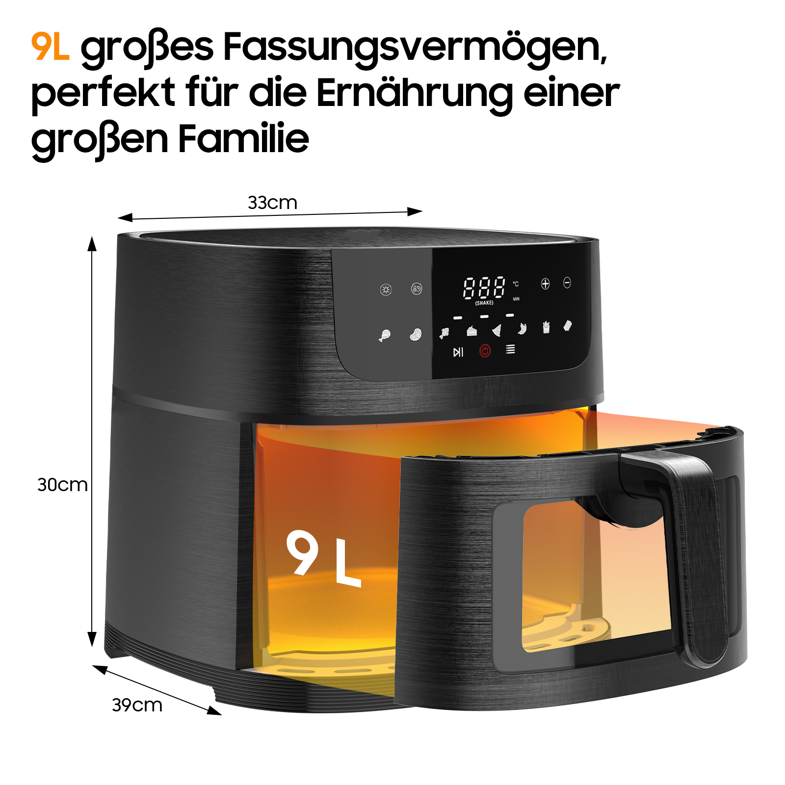 Eine schwarze Heißluftfritteuse mit beschrifteten Abmessungen. Sie hat ein klares Fenster und eine Digitalanzeige.