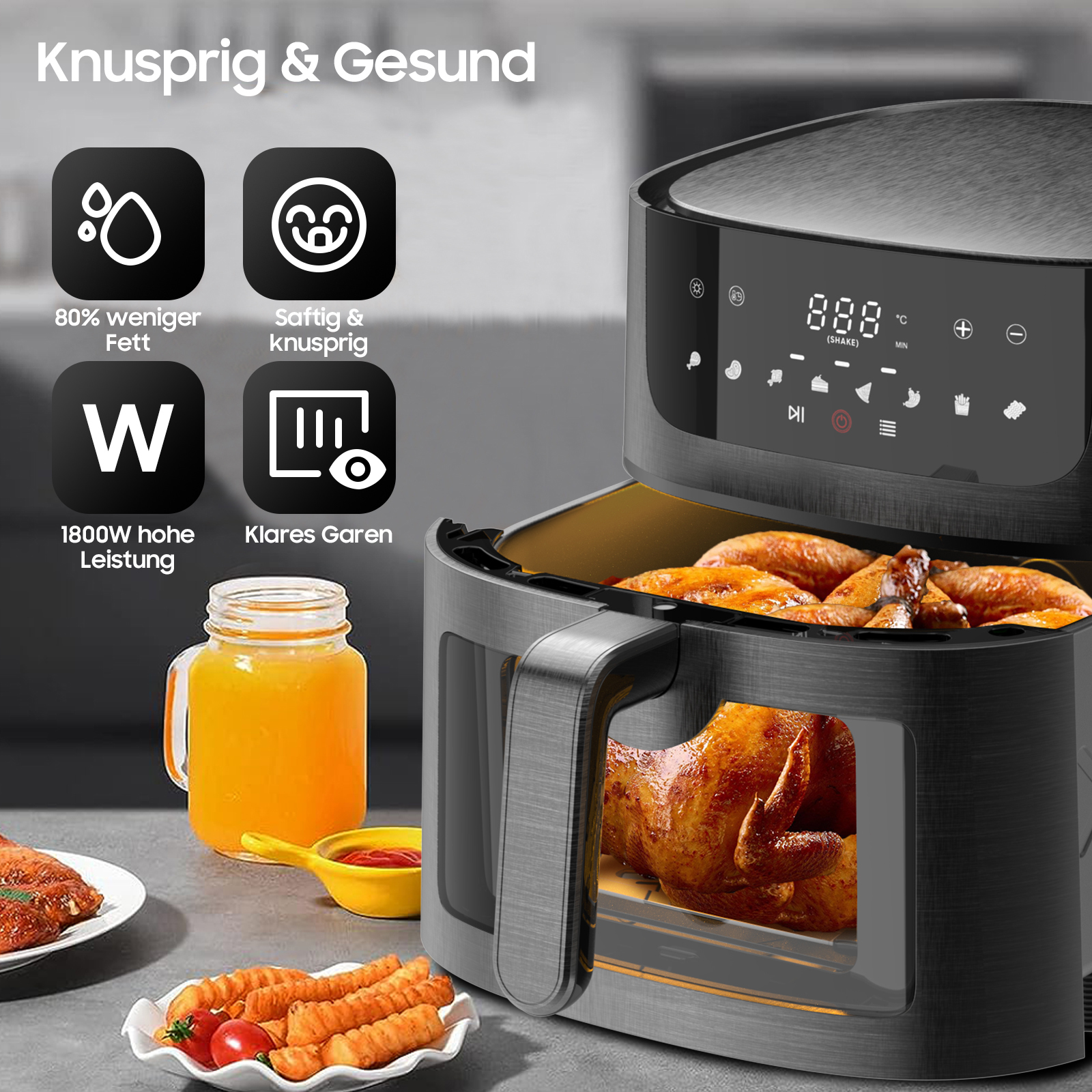 Eine Heißluftfritteuse mit Hähnchen und Orangensaft, die Vorteile wie weniger Fett und Gesundheit zeigt.