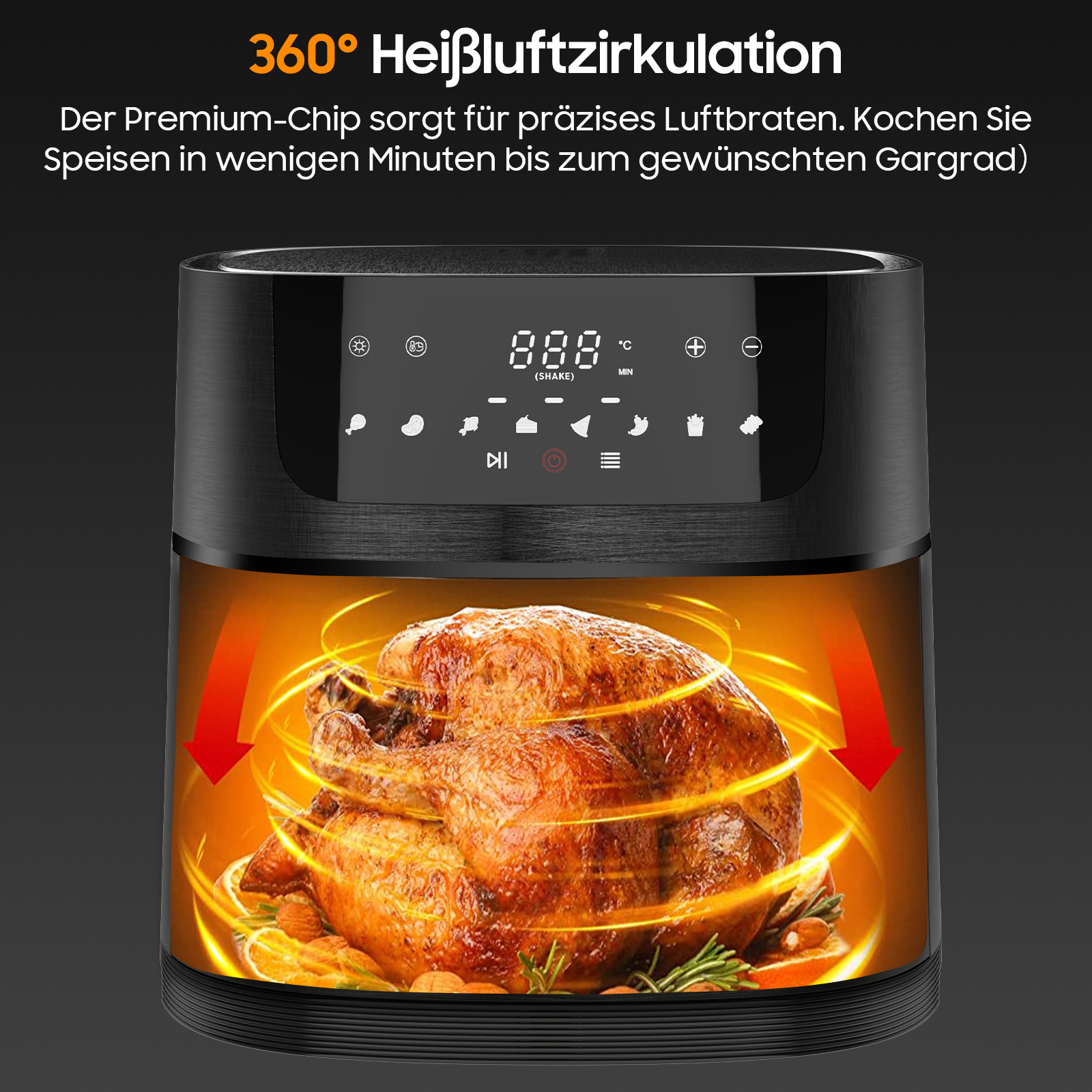 Eine Heißluftfritteuse mit Heißluftzirkulation und einem gebratenen Hähnchen. Pfeile zeigen den Luftstrom.