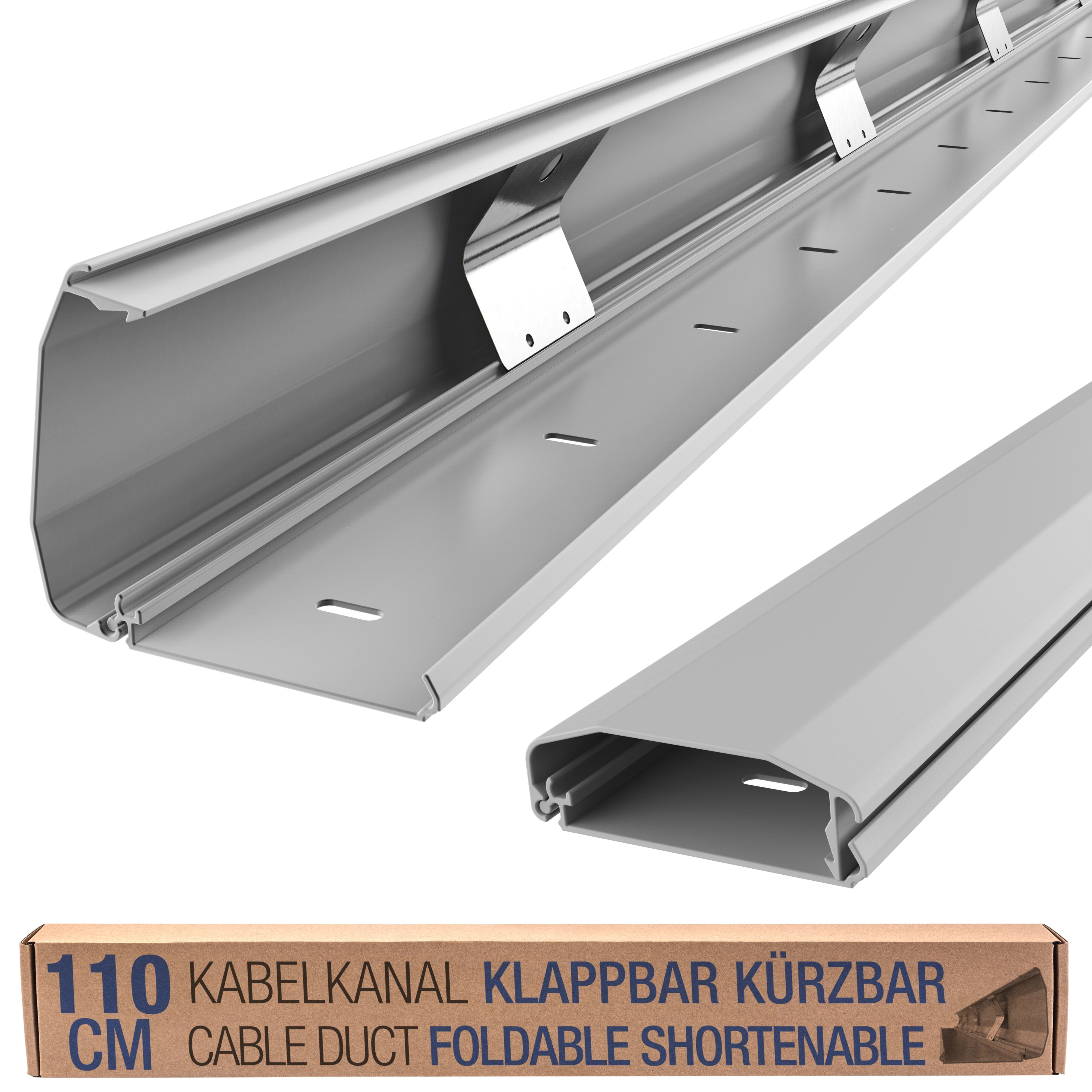 Kabelkanal in Grau, kürzbar und faltbar, und eine Box mit Text in Englisch.