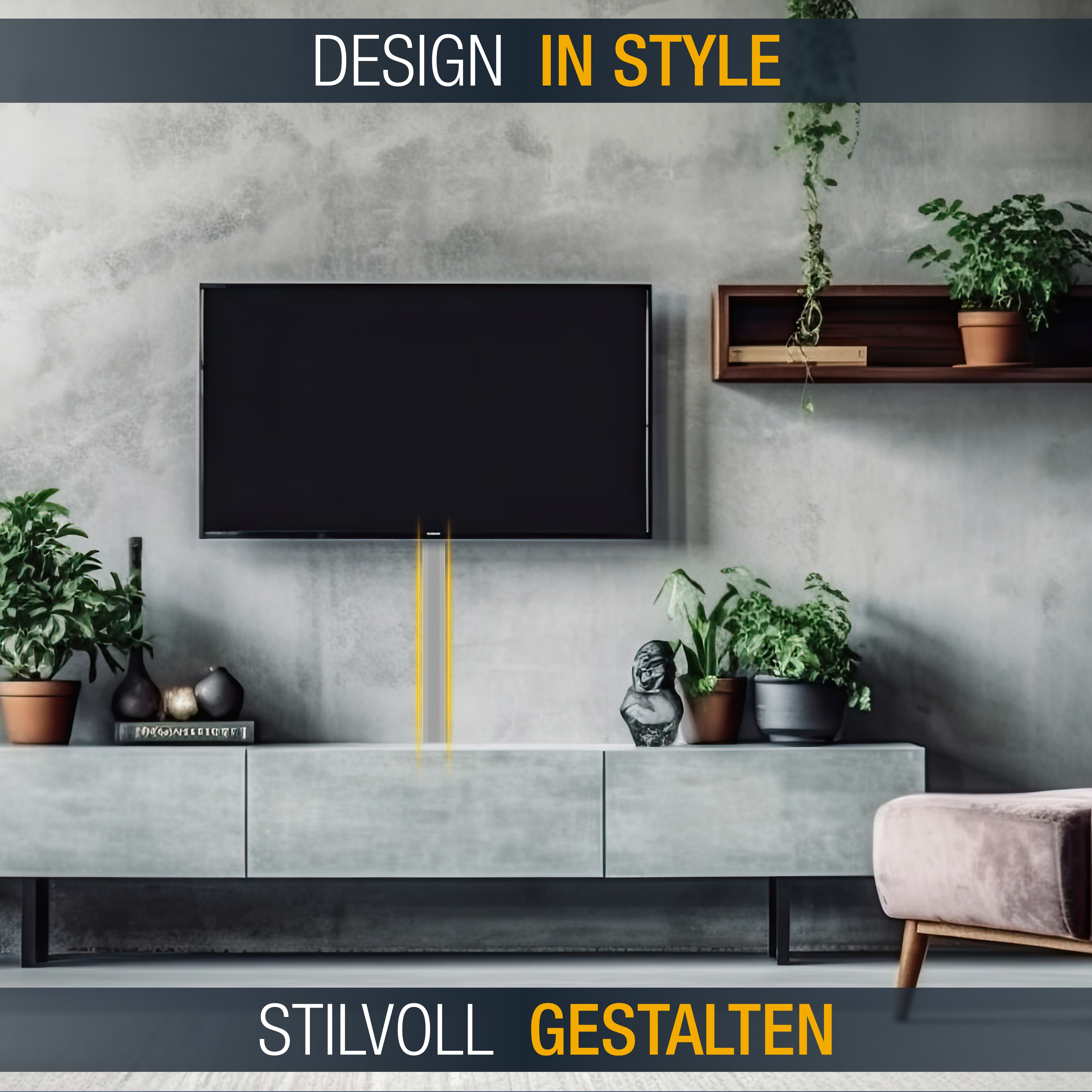 Ein modernes Wohnzimmer mit Fernseher, Pflanzen und einem grauen Schrank, mit Text über Design.