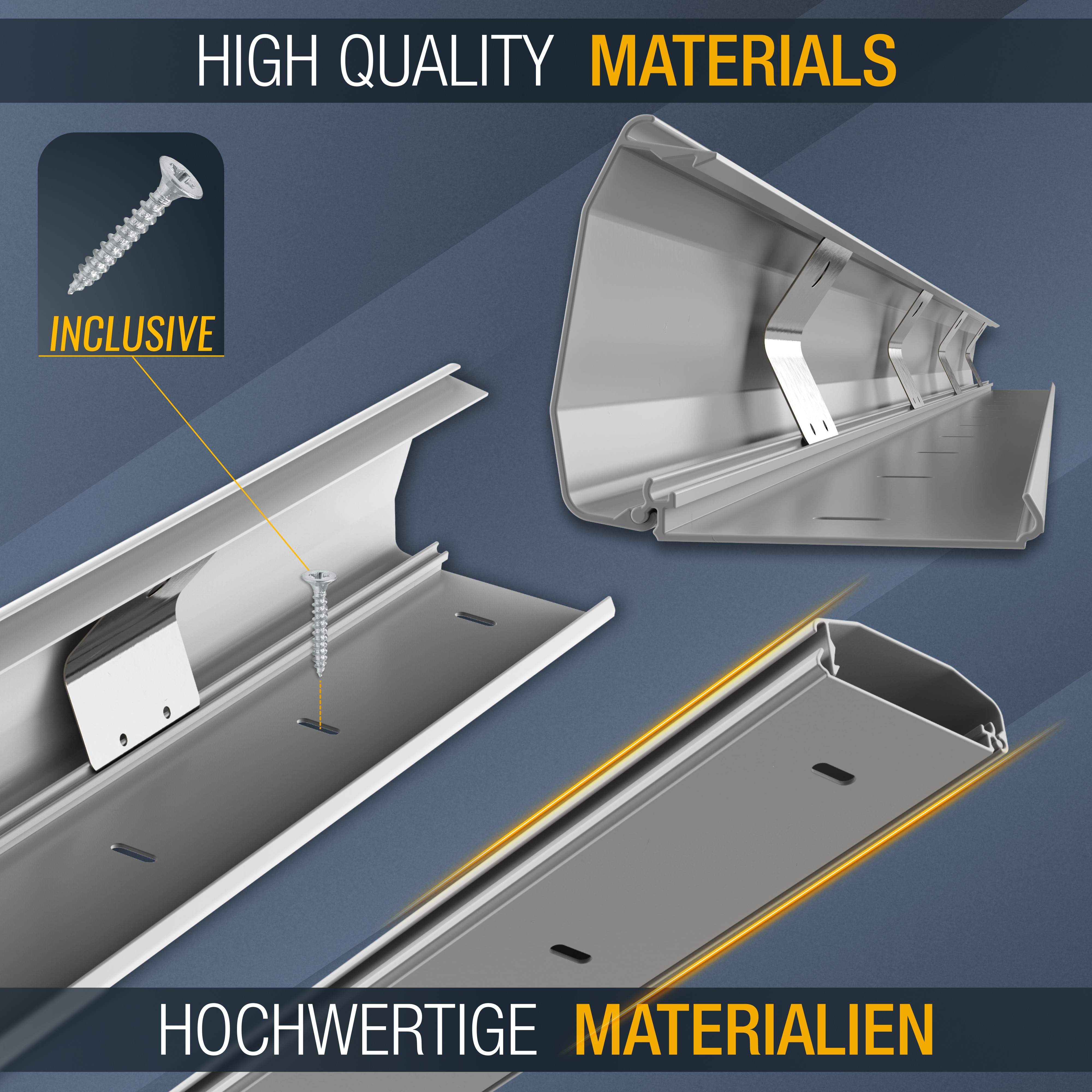 Hochwertige Materialien dargestellt. Schrauben und Kabelkanalteile in der Nahaufnahme.