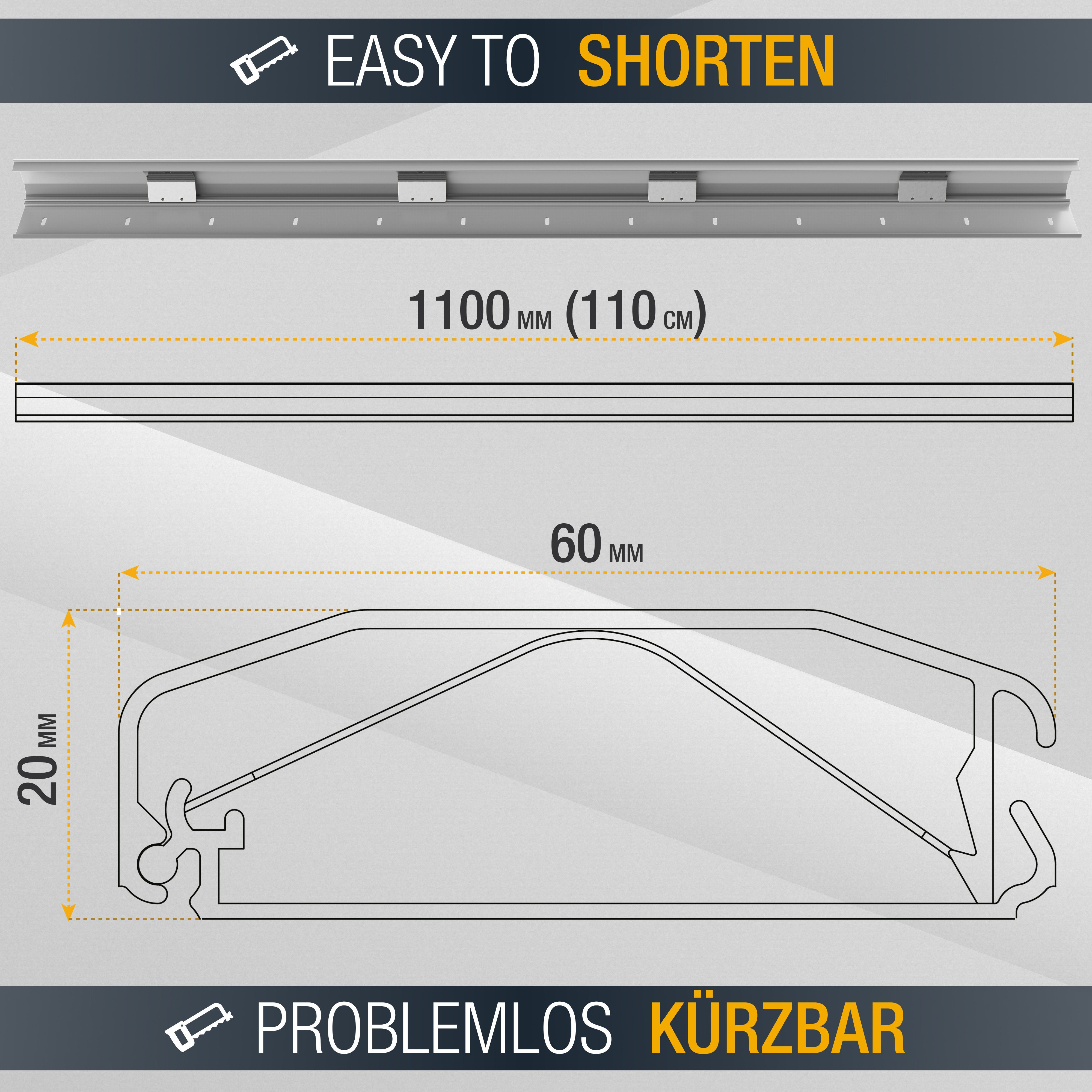 Diagramm einer Metallschiene mit Maßen und Text: Easy to Shorten. Problemlose kürzbar.