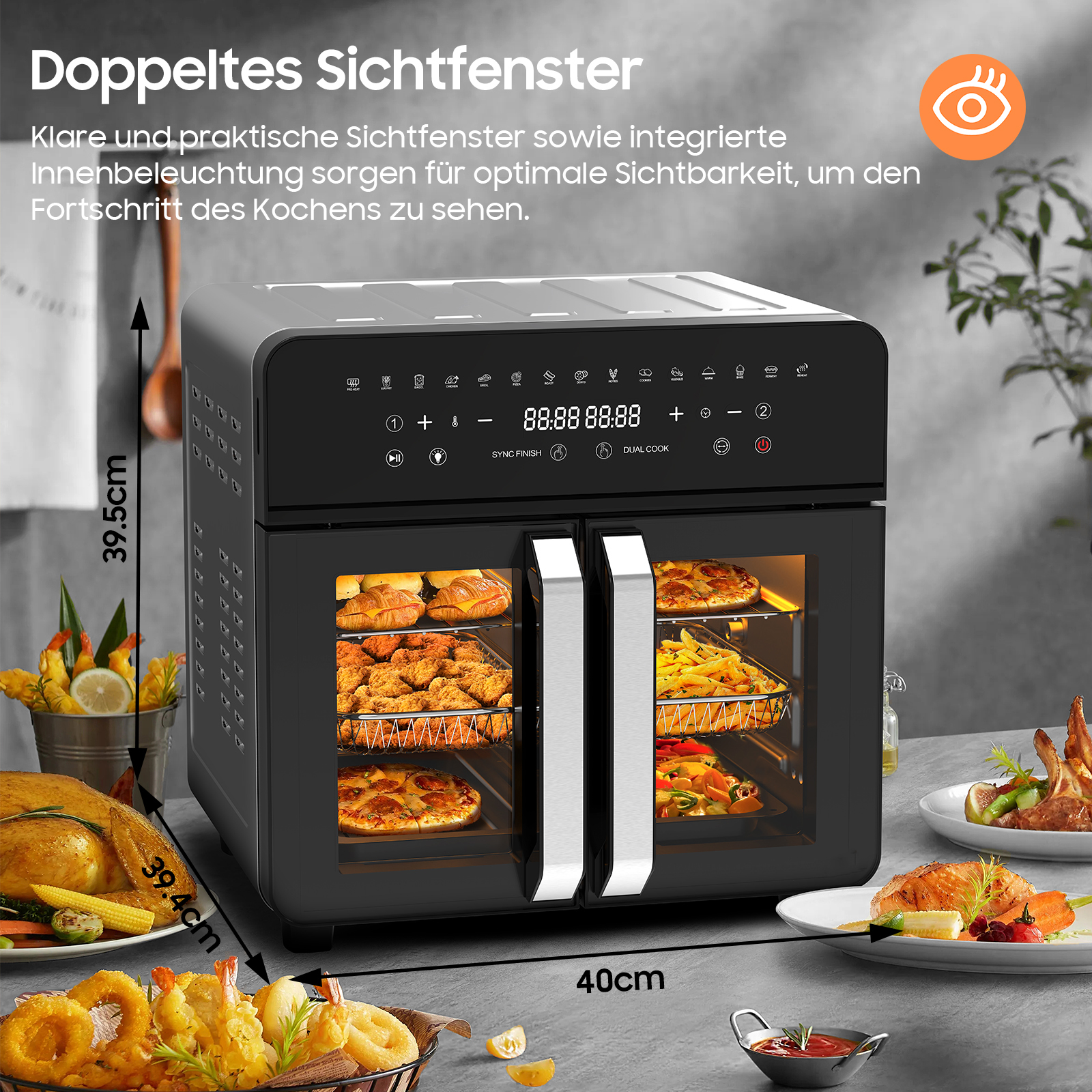 Eine Doppelkammer-Heißluftfritteuse mit Digitalanzeige und zwei transparenten Türen mit gekochtem Essen.
