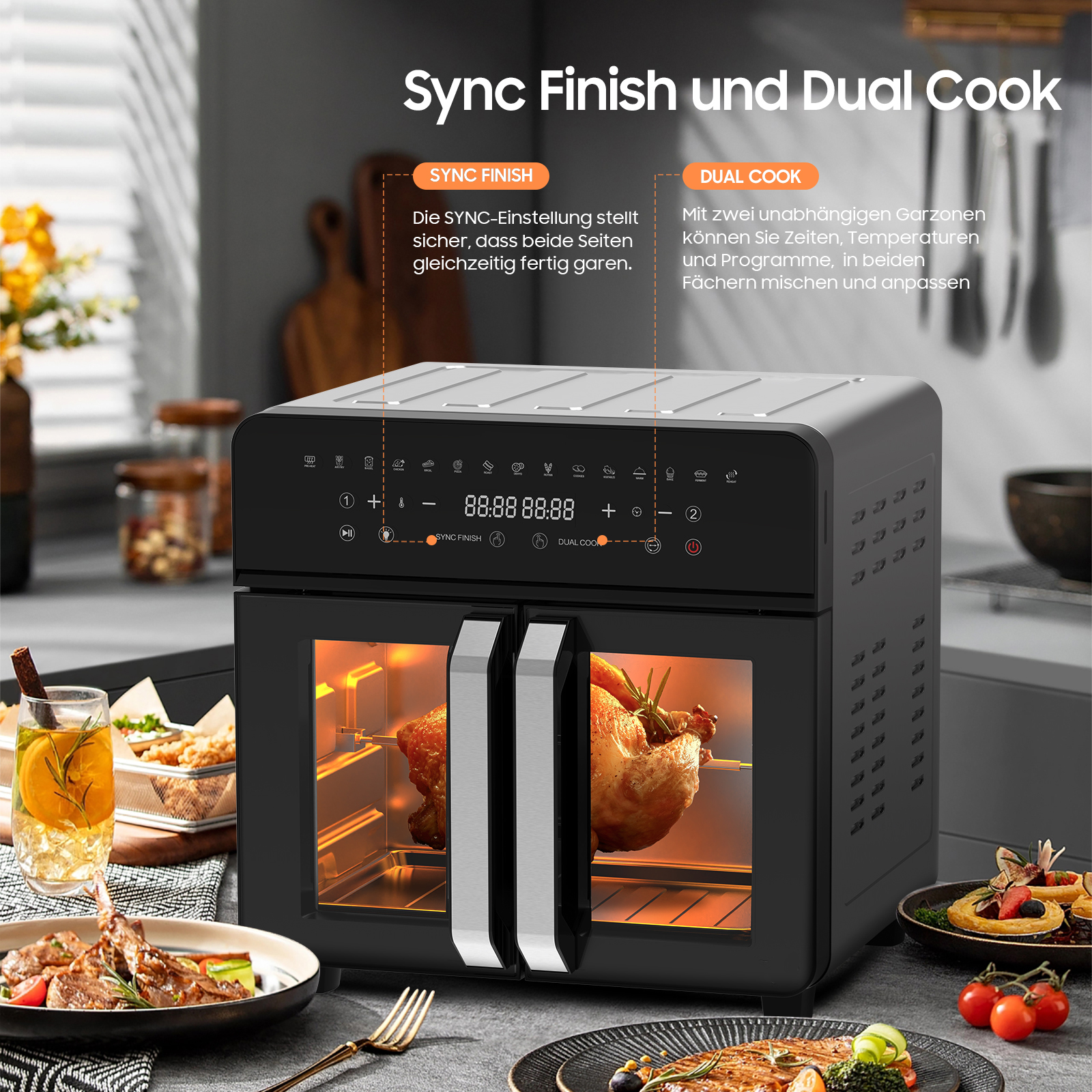 Schwarzer Ofen mit gekochtem Hähnchen, Essen auf dem Tisch und Text Sync Finish und Dual Cook.