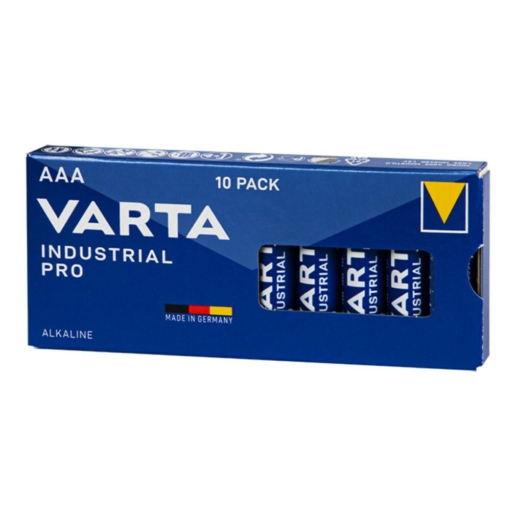 Niebieskie pudełko baterii AAA Varta Industrial Pro, 10 sztuk, z etykietą Made in Germany.