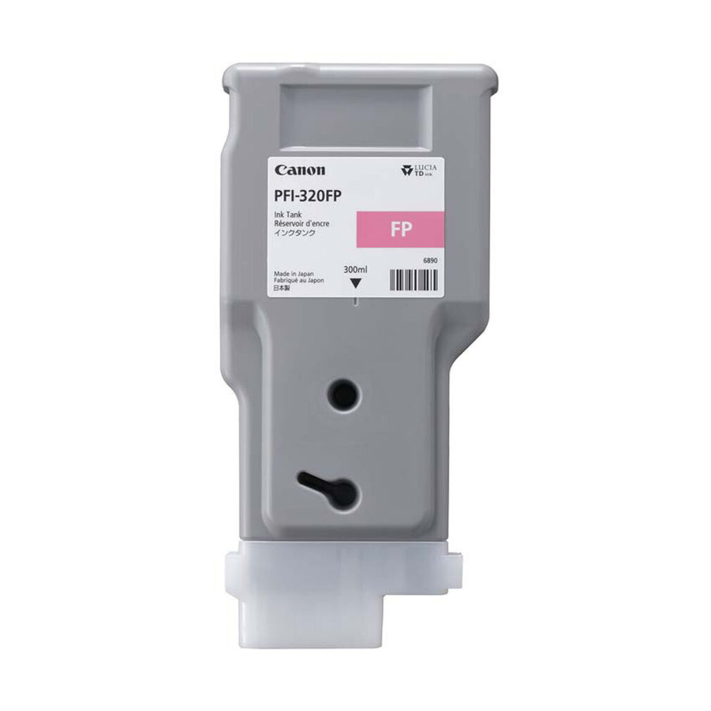 Cartuccia per inchiostro Canon PFI-320FP, inchiostro rosa, capacità 300 ml, con etichetta e codice a barre.