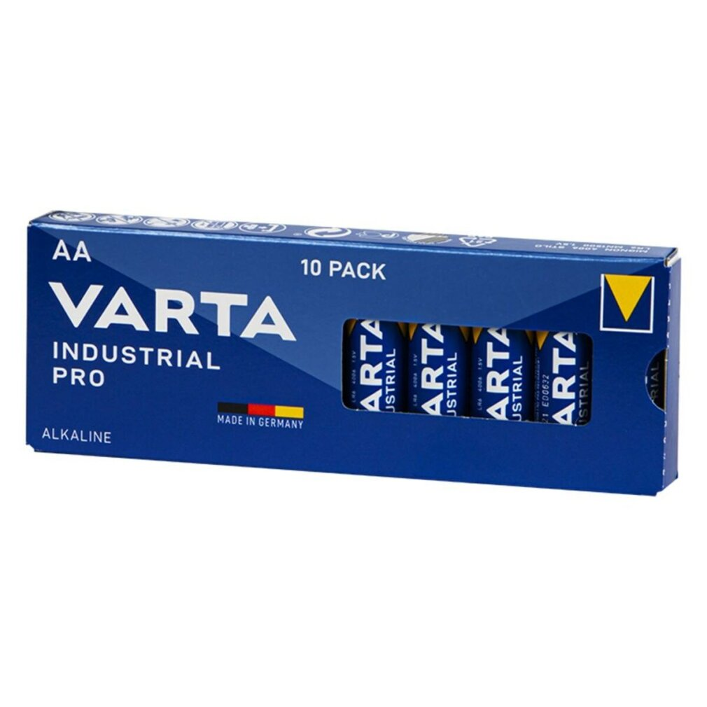 Niebieskie pudełko baterii AA Varta Industrial Pro, 10 sztuk, z etykietą Made in Germany.