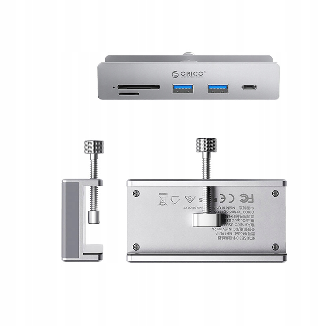 Widok z góry na srebrny hub z portami USB i czytnikiem kart.