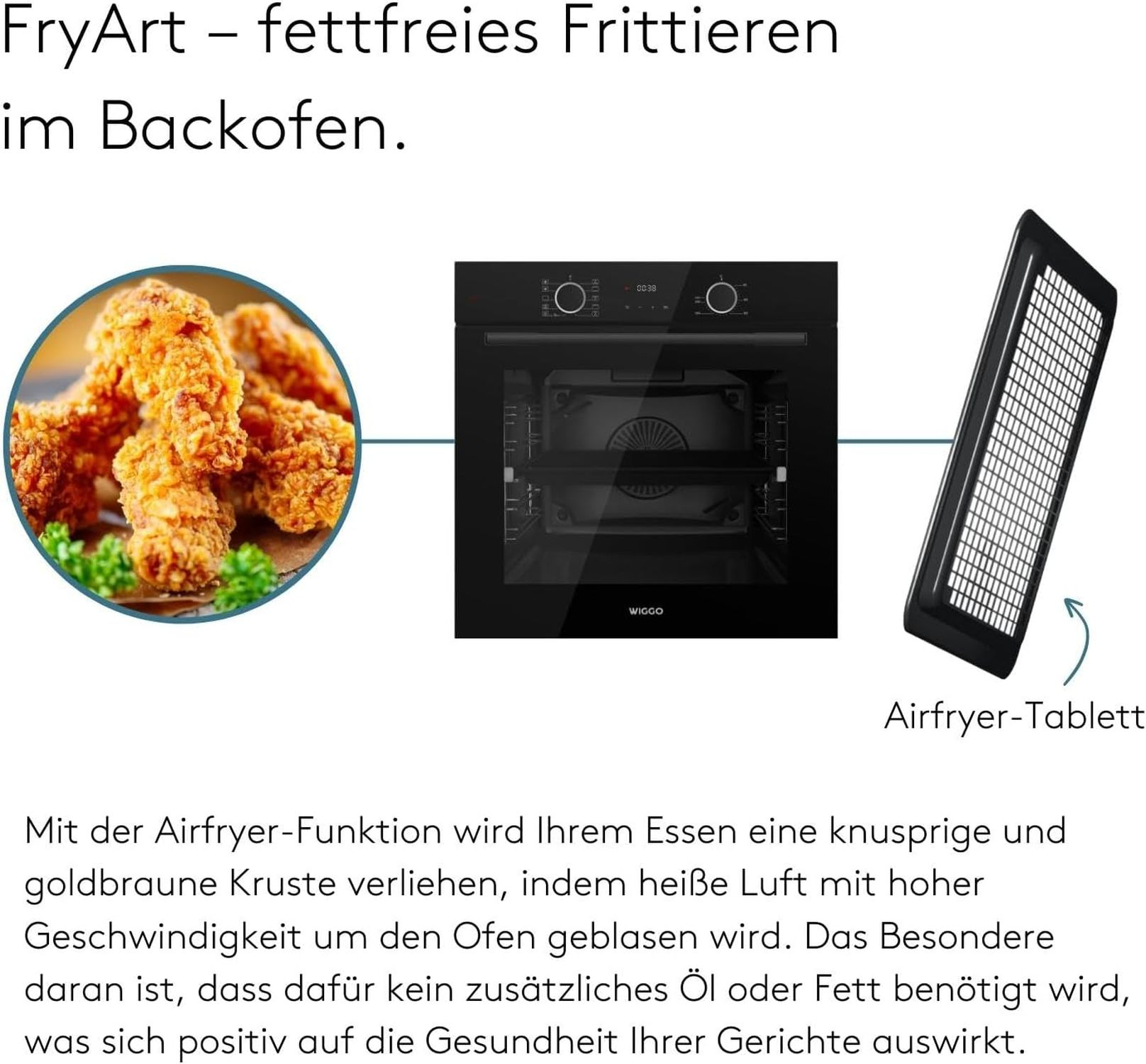 Four noir avec poulet frit, texte sur la fonction friteuse à air et un plateau de friteuse à air.