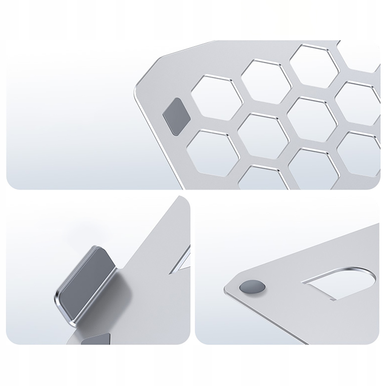 Nahaufnahme eines Metallständers mit Wabenmuster und silbernem Design.