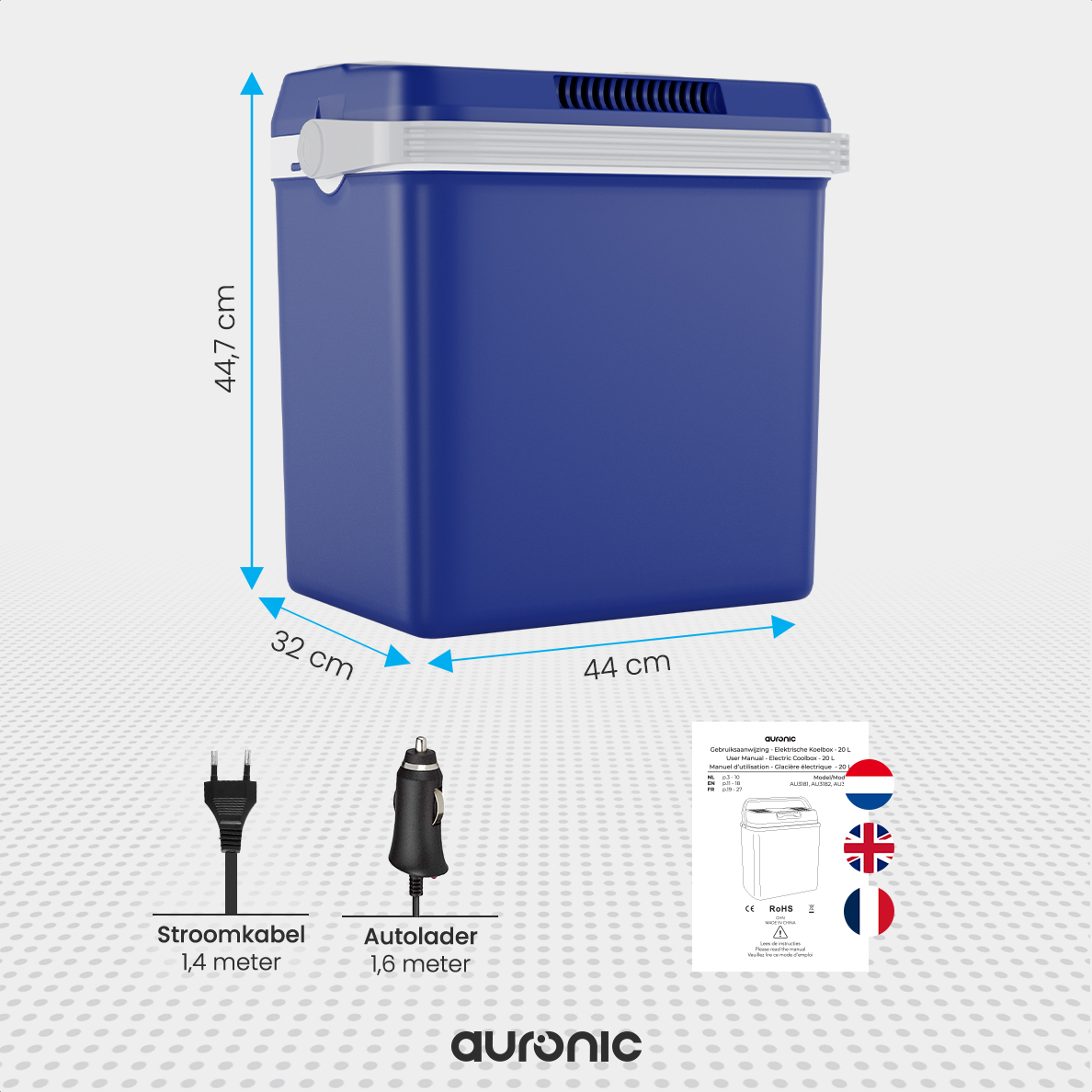 Une glacière bleue avec des dimensions et des symboles. Elle montre une prise, un chargeur de voiture et des drapeaux de différents pays.