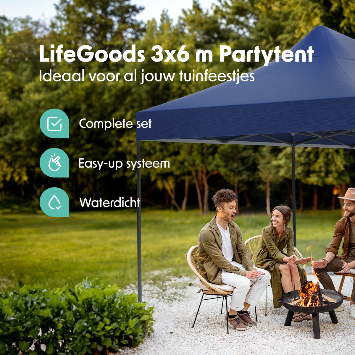 People are gathered around a campfire under a blue party tent. The text mentions the tent's features.