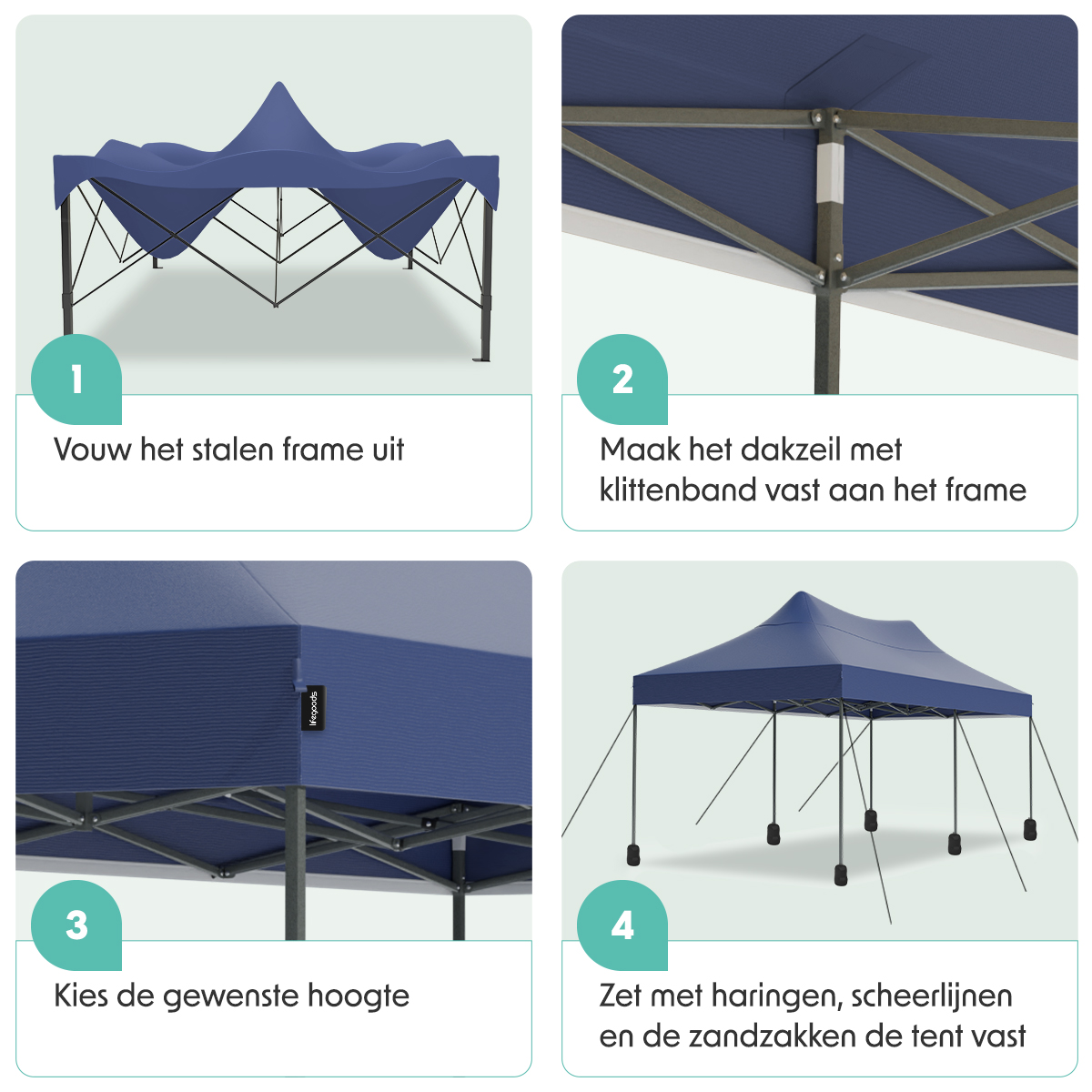 Diagram showing the tent assembly. Steps: unfolding frame, attaching the roof, adjusting height, and staking.
