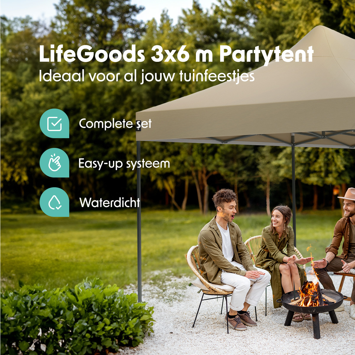 People are gathered around a campfire under a tan party tent. Text mentions the tent's features.