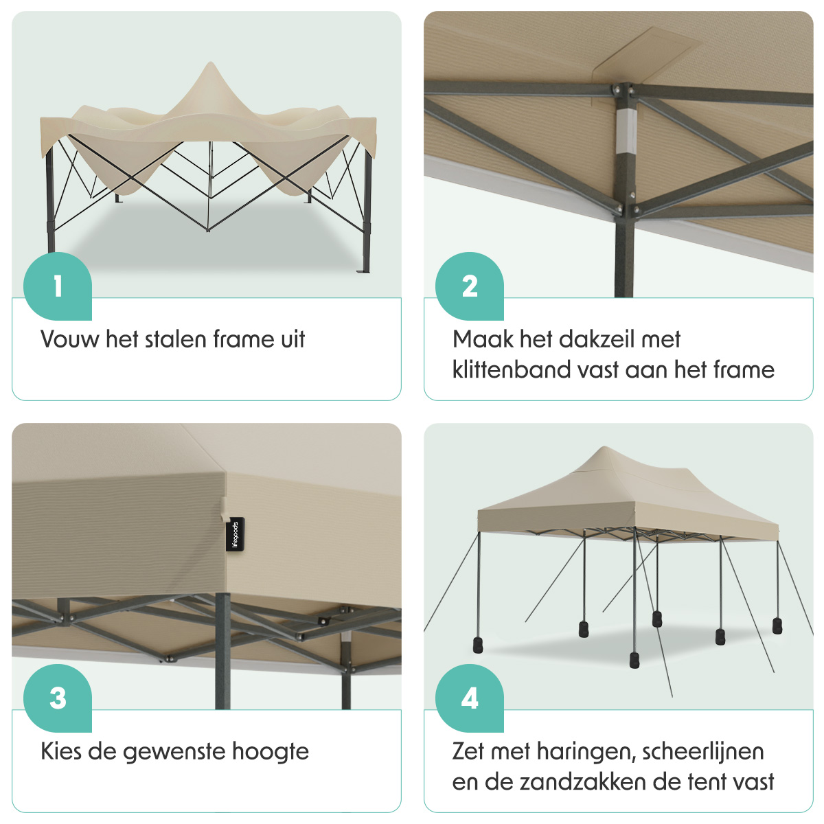 Diagram showing tent assembly. Steps: unfold frame, attach roof, adjust height, and set with stakes.