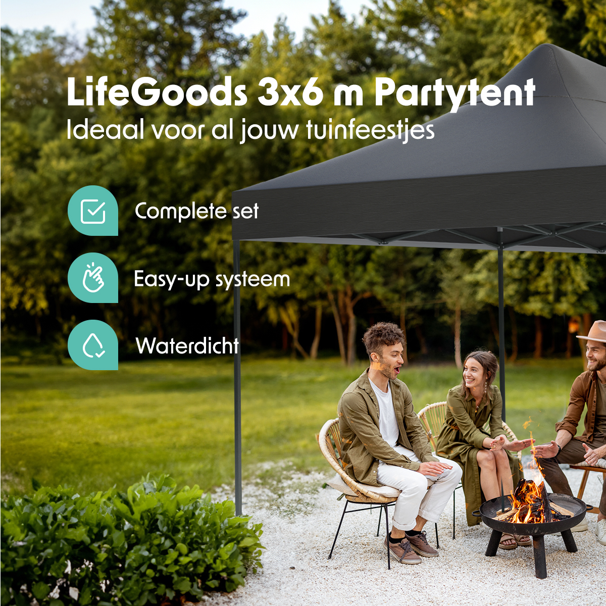 People are gathered around a campfire under a dark gray party tent. Text mentions the tent's features.