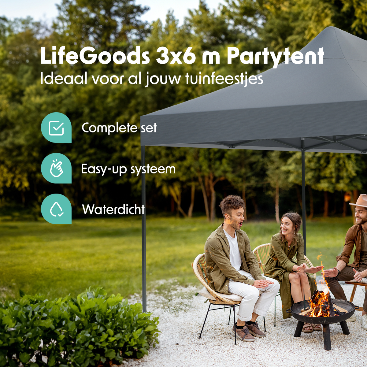 People around a campfire under a grey tent. Text: 'LifeGoods 3x6 m Partytent', 'Easy-up systeem'.