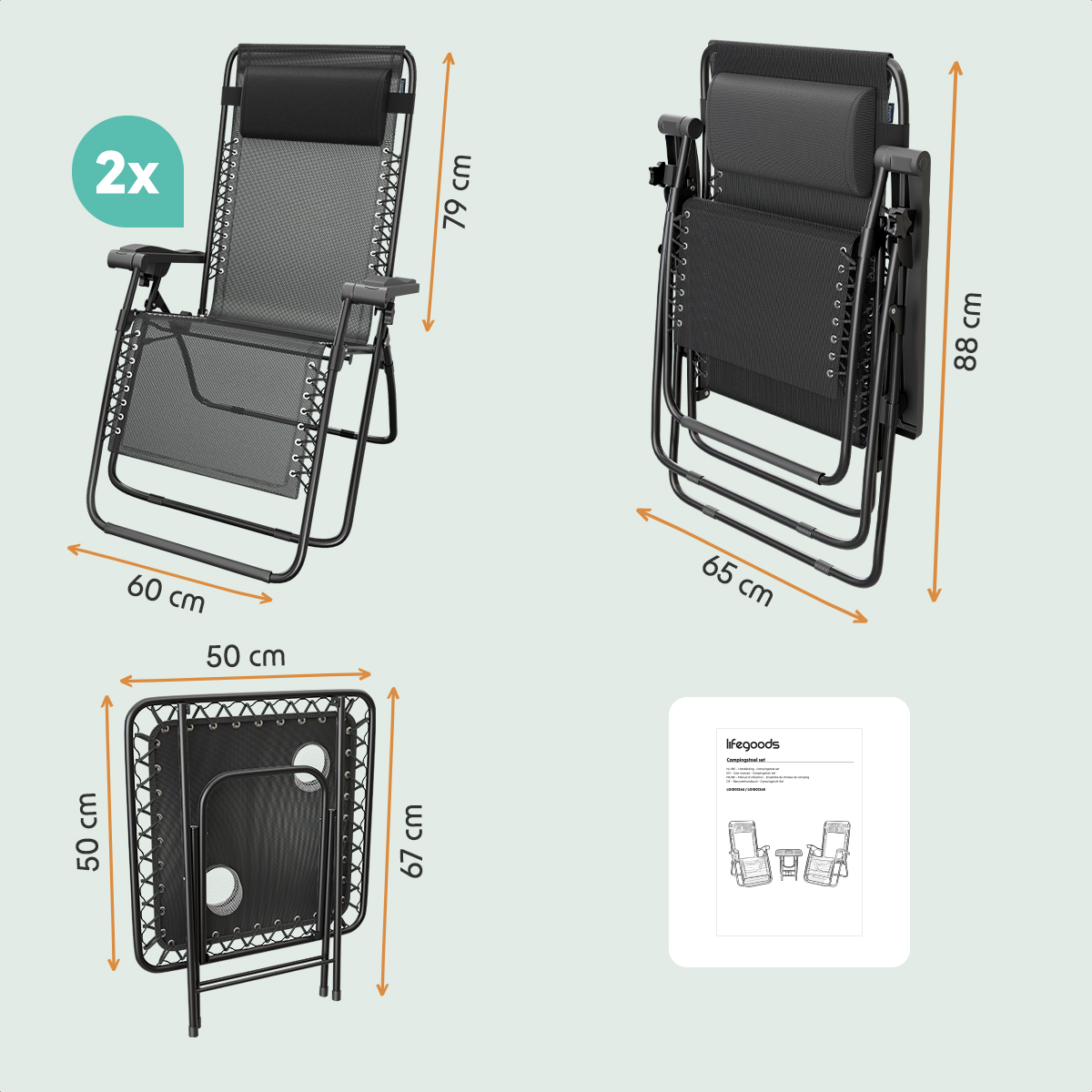 Twee zwarte zero-gravity stoelen, één open en één opgevouwen, met afmetingen. Een diagram van de stoel wordt getoond.