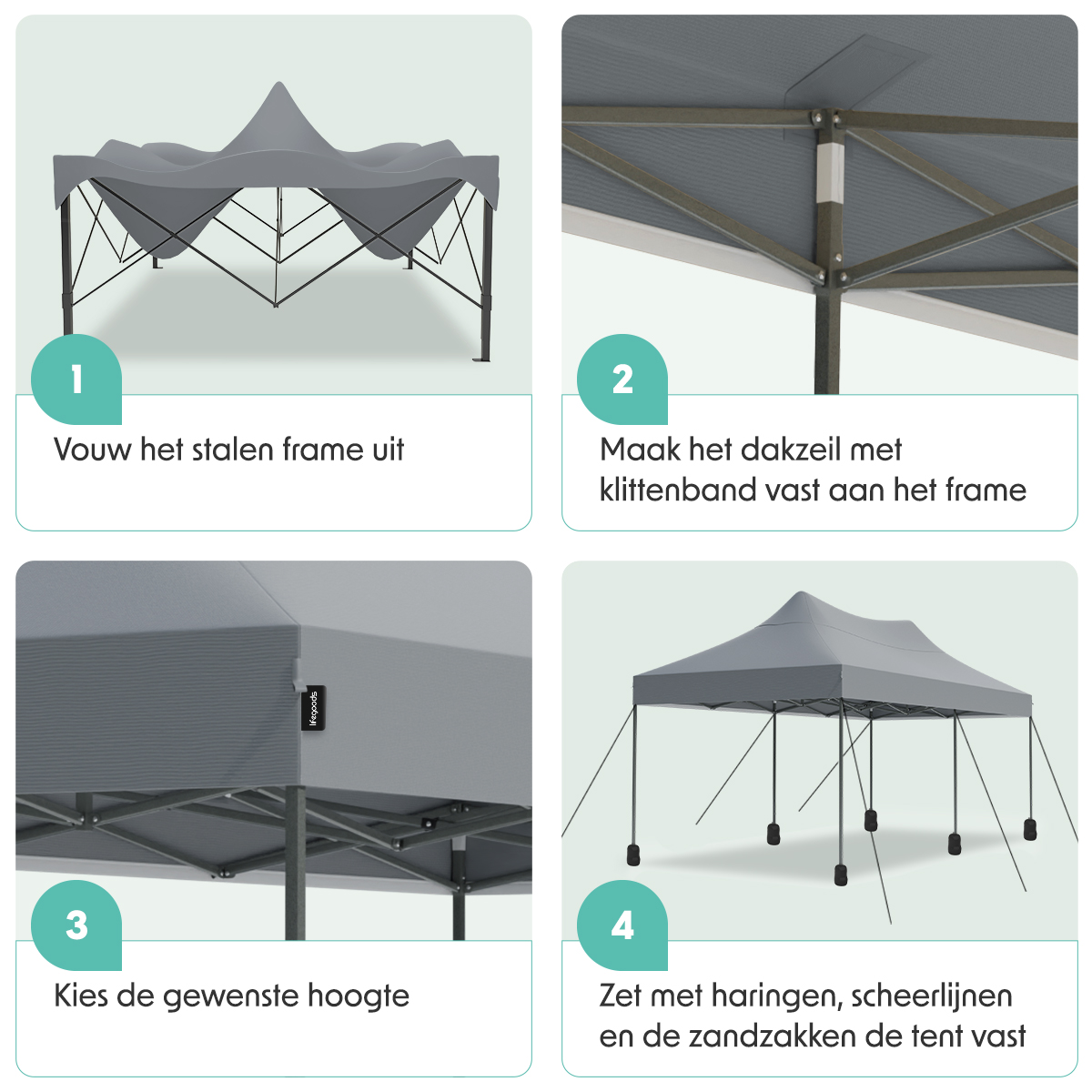 Four images showing how to assemble a grey canopy tent. Steps include unfolding, attaching, and securing.