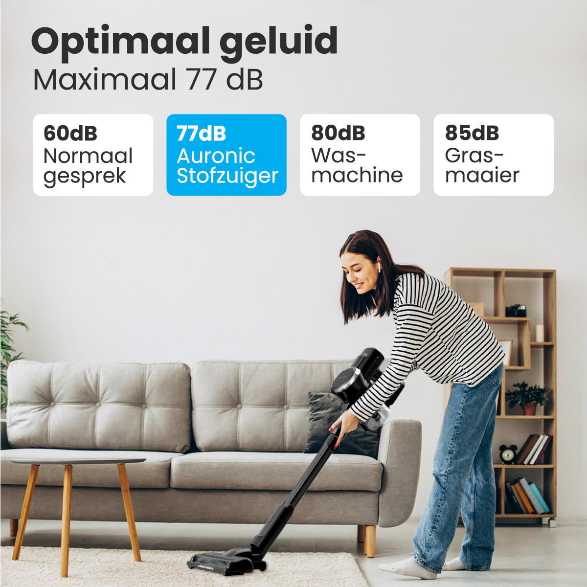 Une femme passe l'aspirateur dans une pièce. Le texte affiche les niveaux sonores.