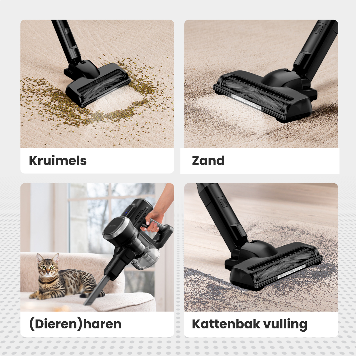 Quatre images montrant le nettoyage avec un aspirateur : miettes, sable, poils d'animaux et litière pour chats. L'aspirateur est noir.