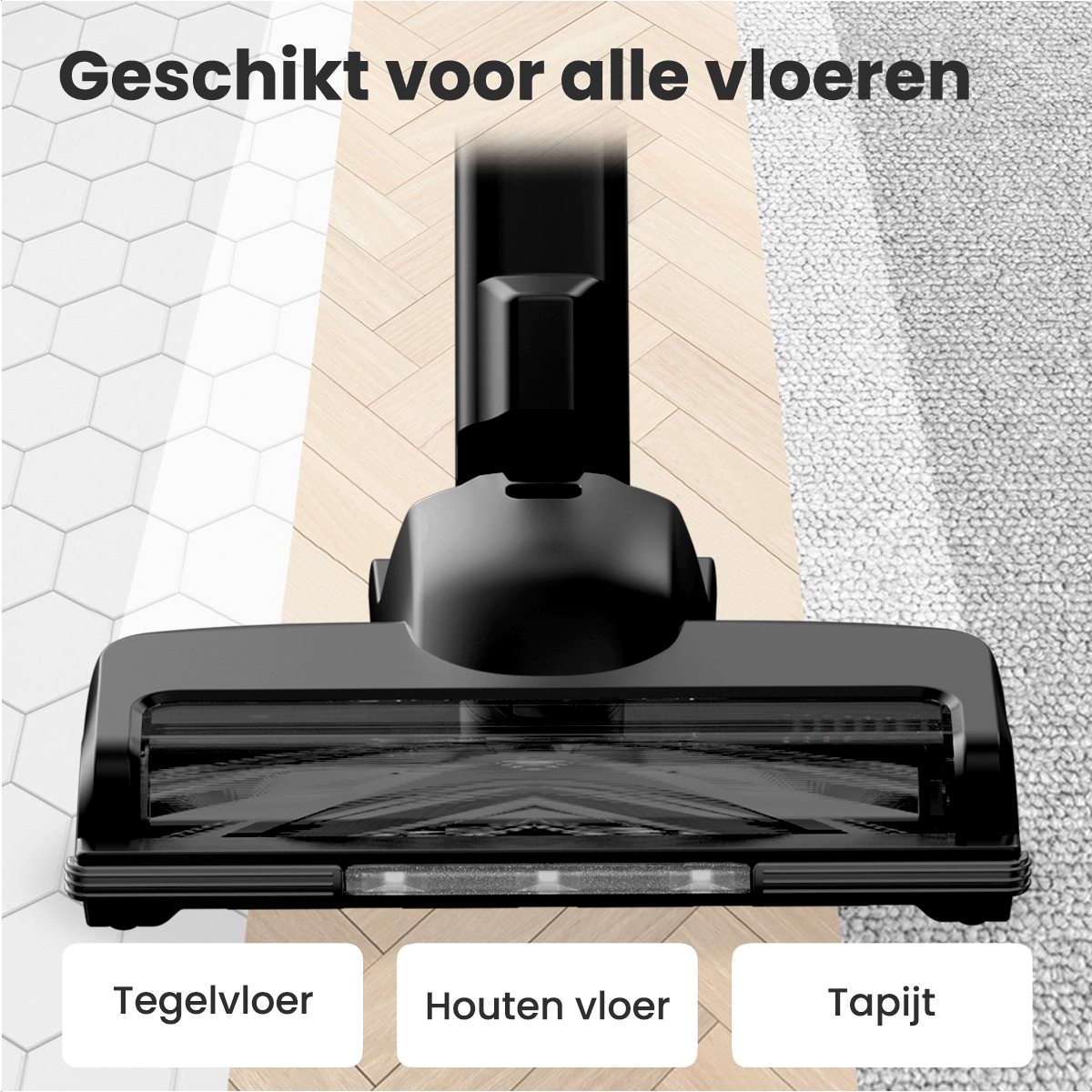 Gros plan de la tête d'un aspirateur sur trois types de sol : carrelage, bois et moquette.