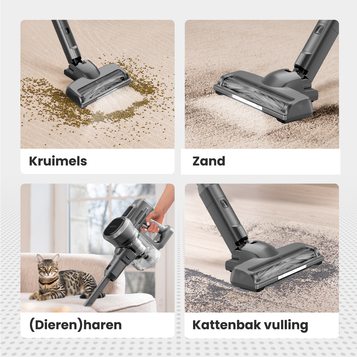 Quatre images montrant le nettoyage avec un aspirateur : miettes, sable, poils d'animaux et litière pour chats. L'aspirateur est noir.