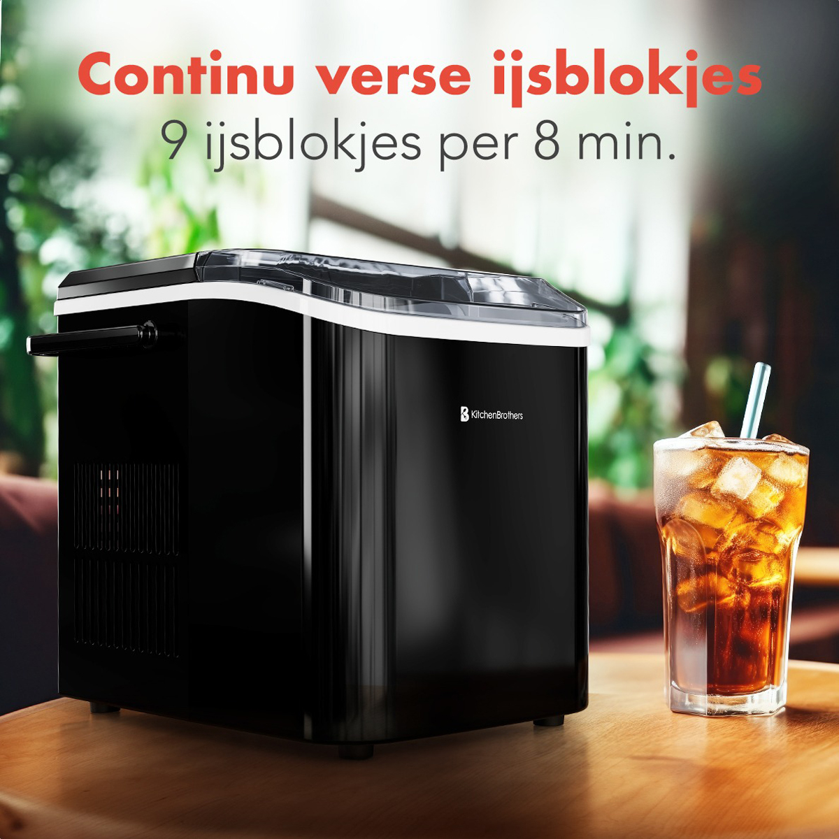 Black ice machine with a glass of iced tea. The machine is on a wooden table, with a dark background.