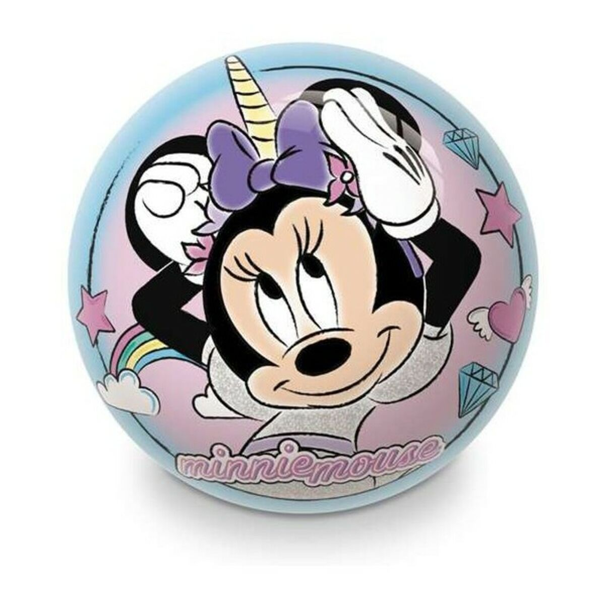 Un pallone di Minnie Mouse con un corno di unicorno e un fiocco. Design colorato con la scritta 'minniemouse'.