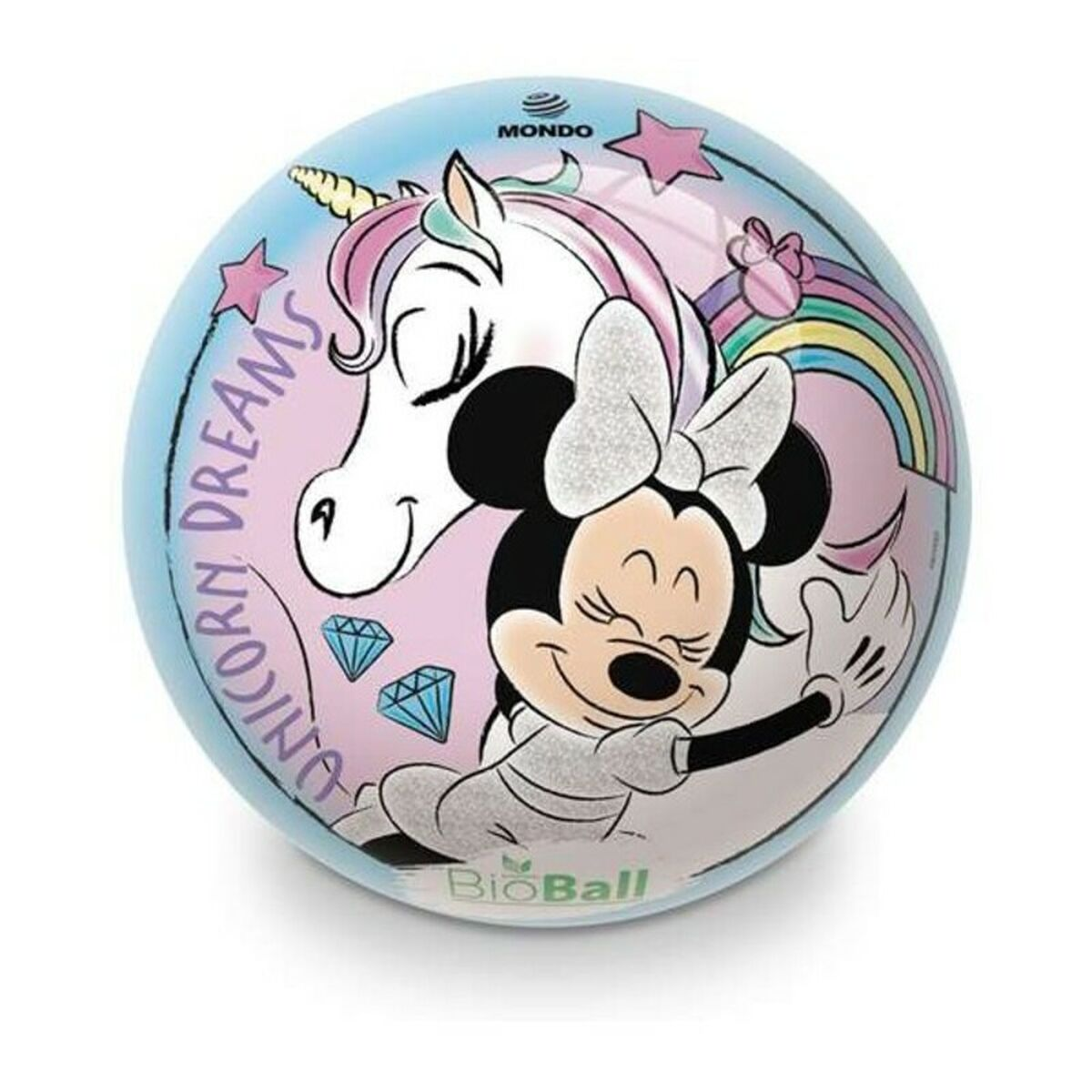 Una palla blu con Minnie Mouse che abbraccia un unicorno, un arcobaleno e stelle.