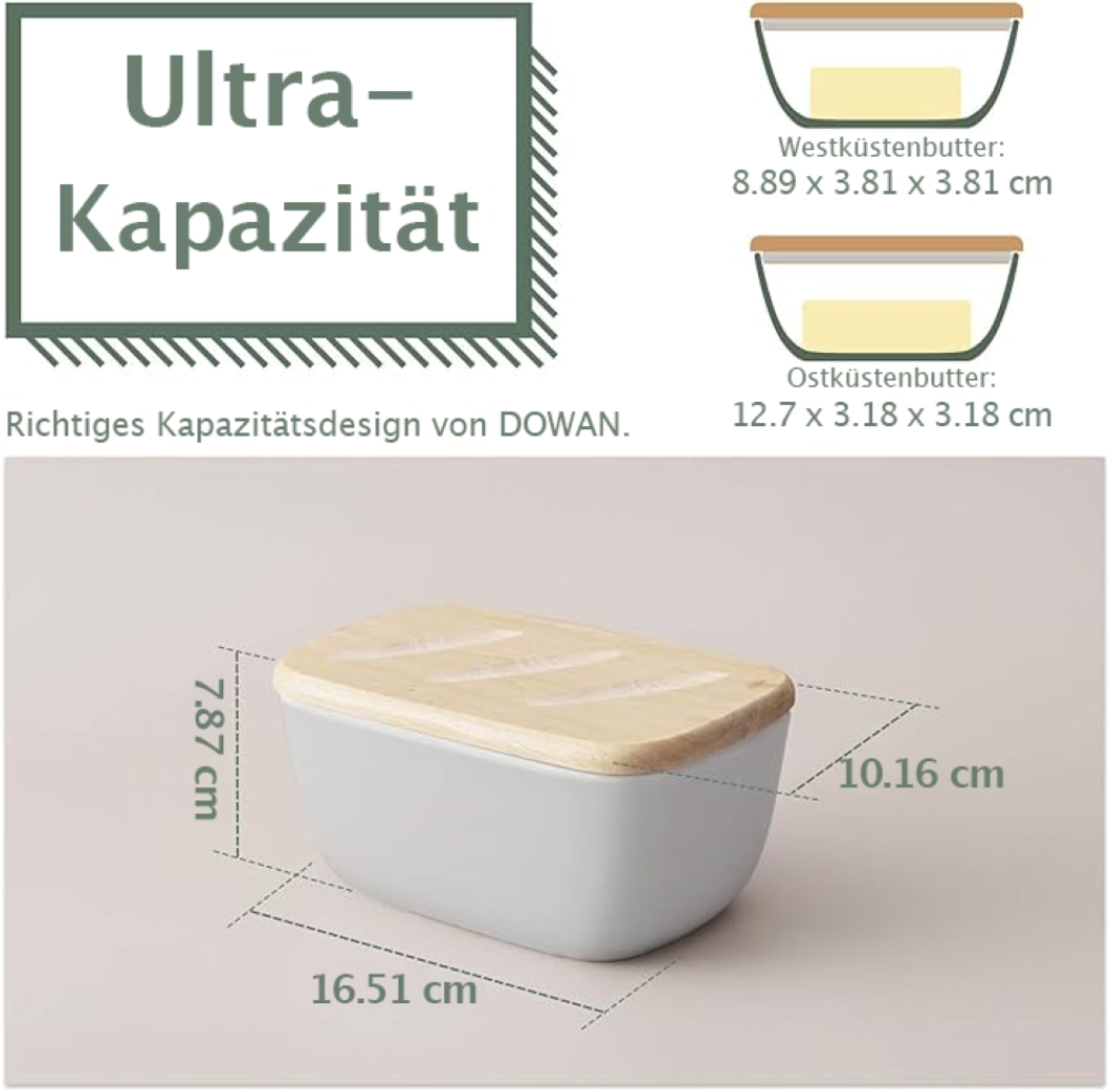 Una burriera con coperchio in legno e dimensioni etichettate, testo sul lato.