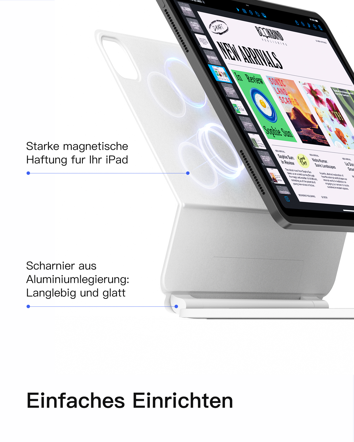 Ein iPad mit Hülle, mit Text, der einen starken magnetischen Halt und ein Aluminiumscharnier angibt.