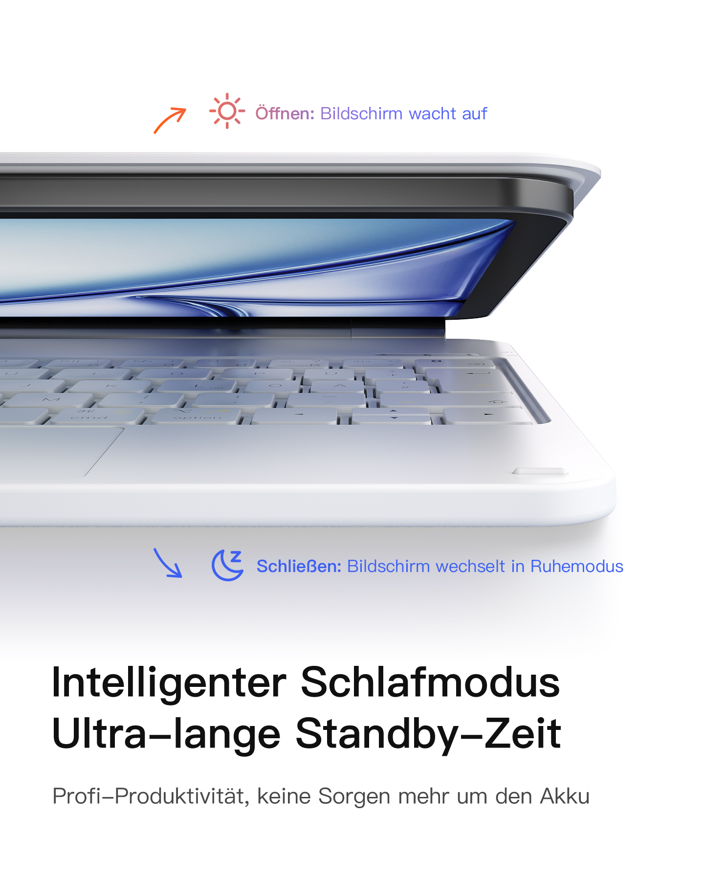 Nahaufnahme einer weißen Laptop-Tastatur und eines Bildschirms.