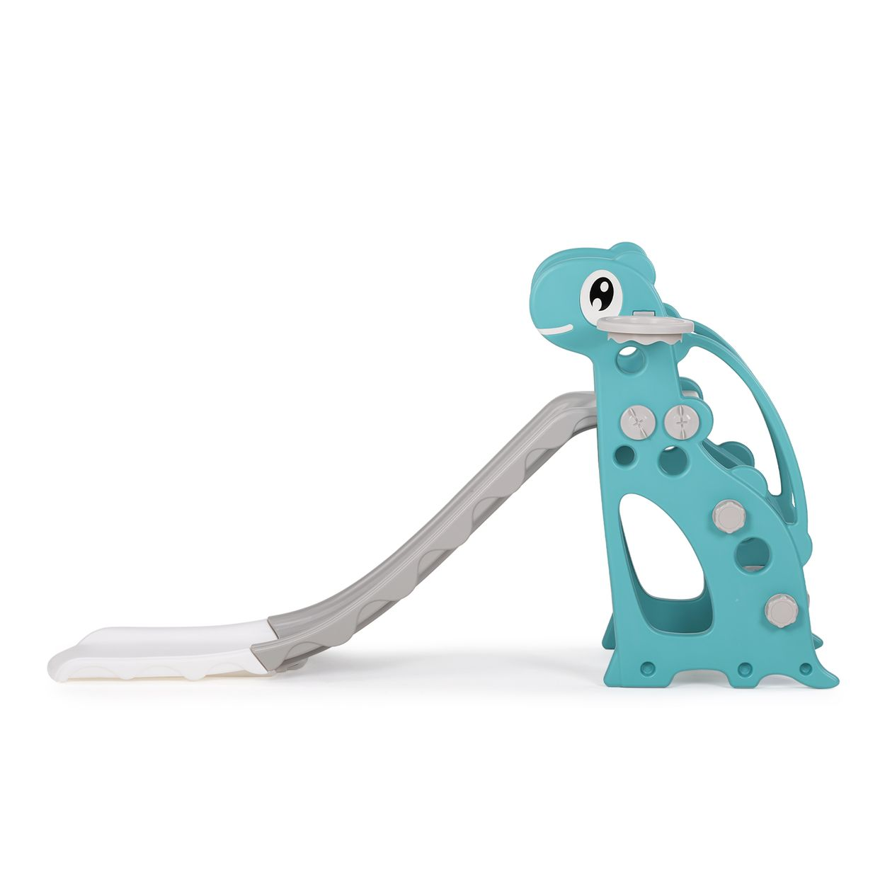 Eine blaue und graue Plastikrutsche in Dinosaurierform.