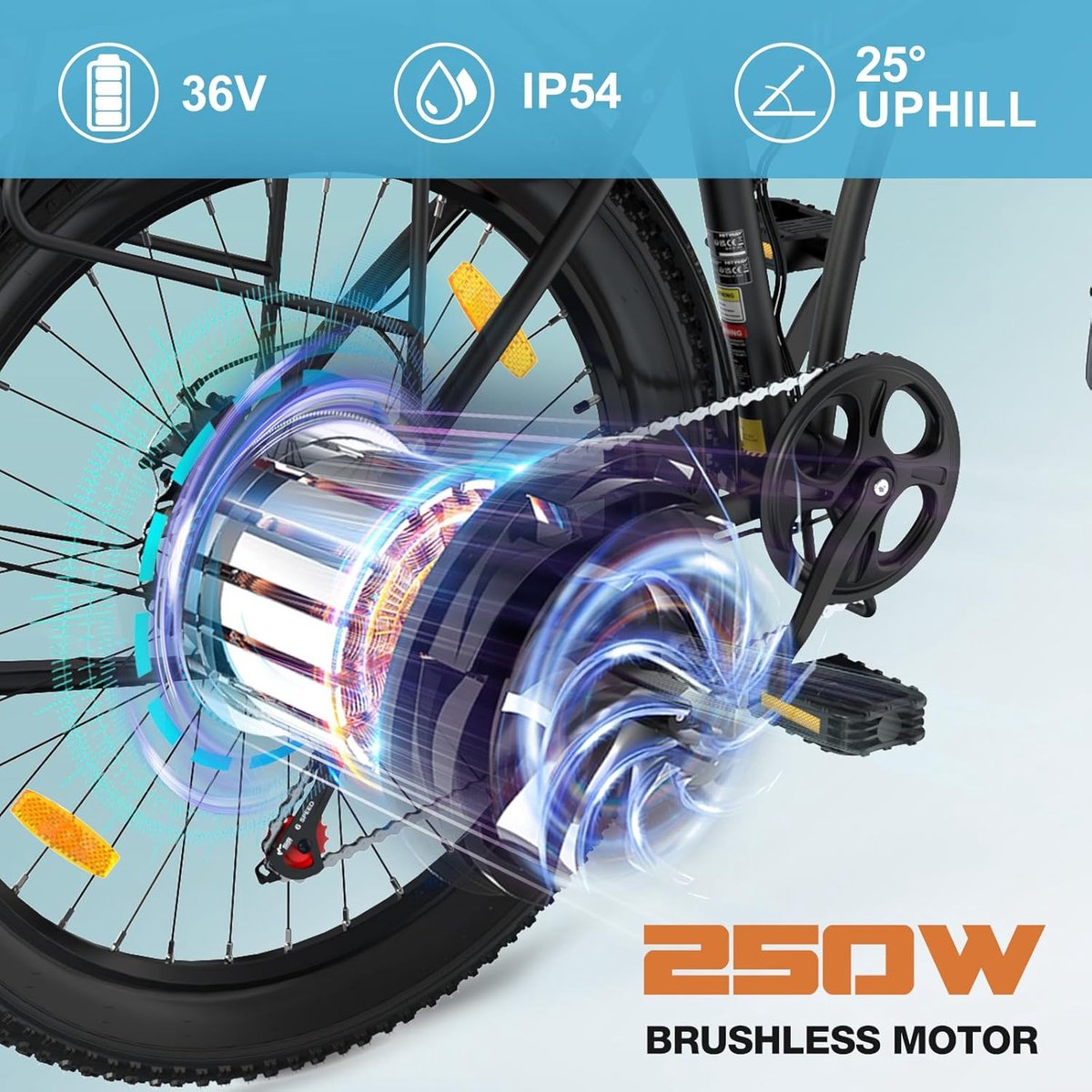 Rower elektryczny pokazujący tylne koło z silnikiem, silnik bezszczotkowy 250W, 36V, IP54 i zdolność wznoszenia 25°.