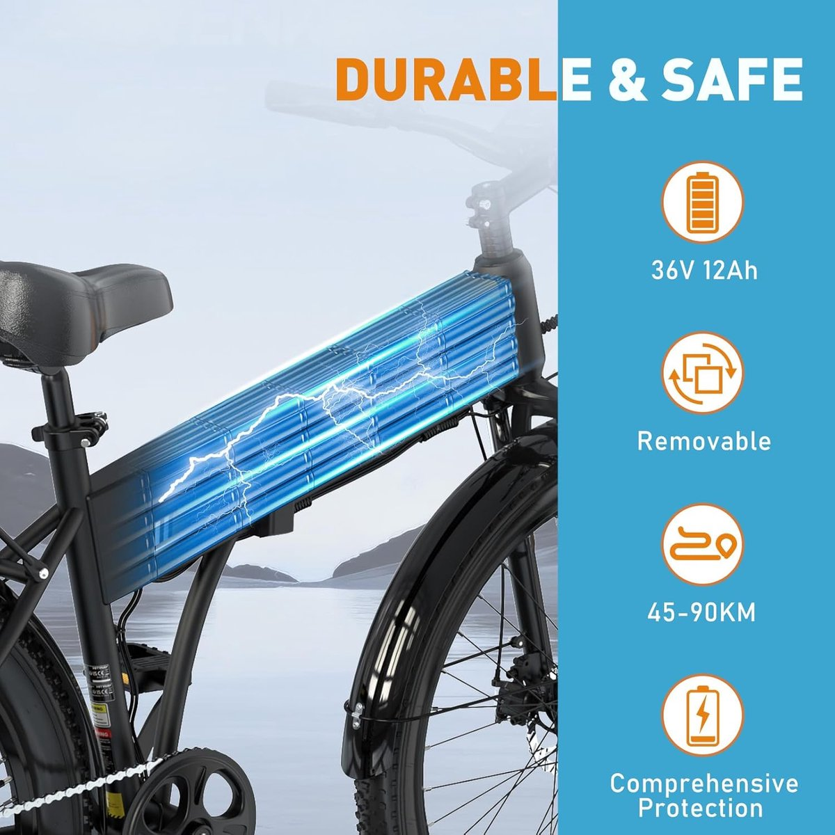 Rower elektryczny z akumulatorem i tekstem 'Trwały i bezpieczny'. Pokazuje 36V 12Ah, wyjmowany, 45-90KM i ochronę.