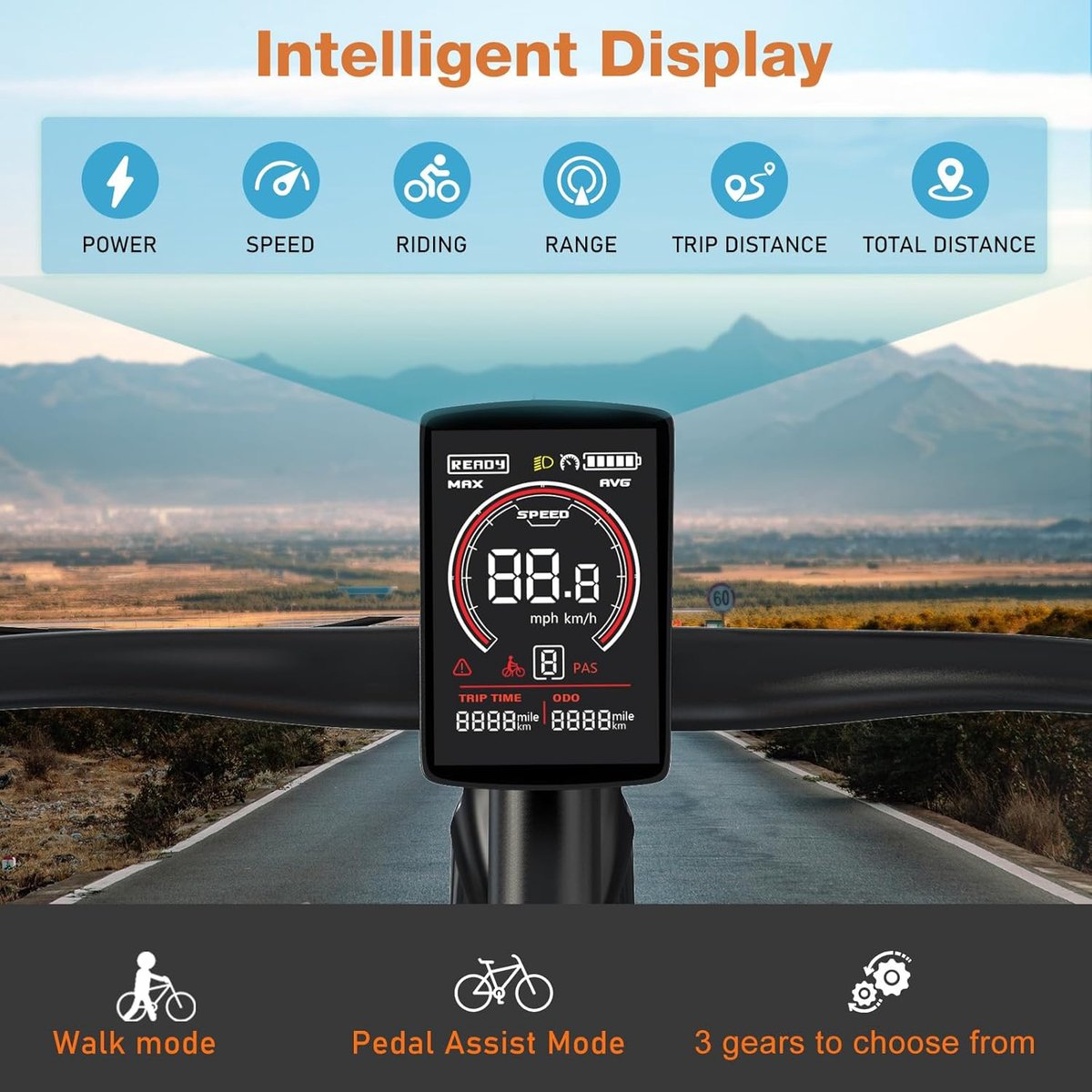 Cyfrowy wyświetlacz roweru elektrycznego z prędkością, danymi podróży i innymi informacjami, z ikonami i ilustracją drogi.