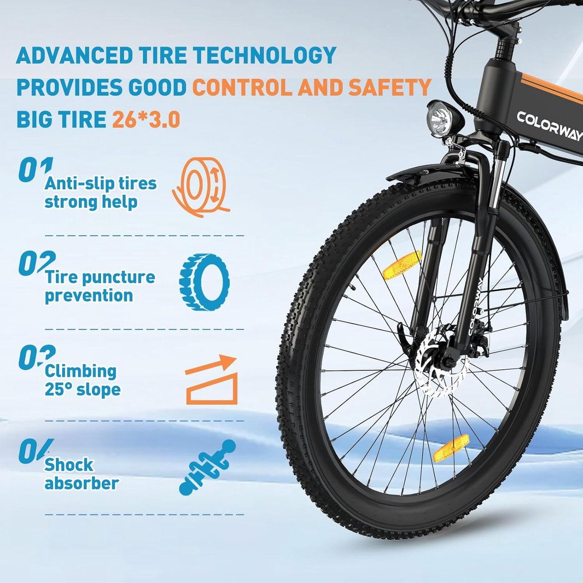 Rower elektryczny z oponami antypoślizgowymi, ochroną przed przebiciem, pokonywaniem wzniesienia 25° i amortyzatorem. Duża opona 26*3.0.