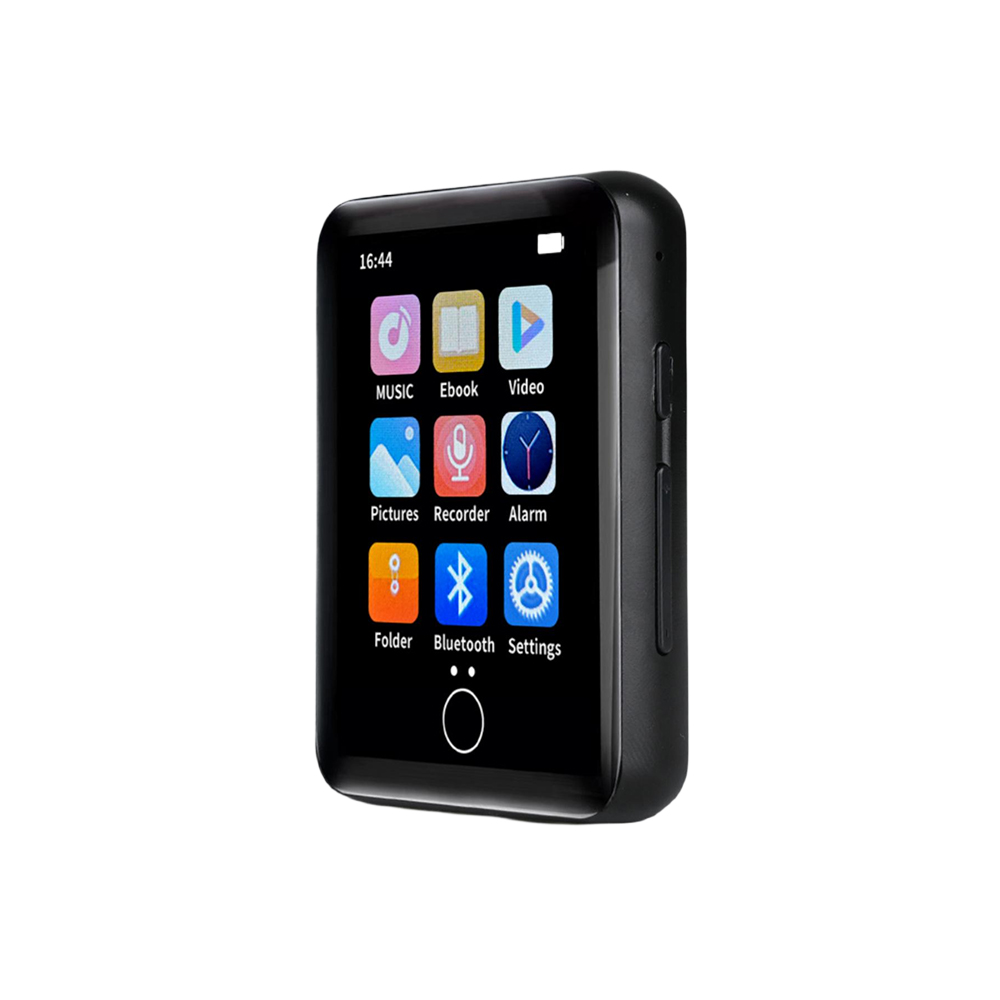 Schwarzer MP3-Player mit Touchscreen, der bunte Symbole zeigt, isoliert auf weißem Hintergrund.