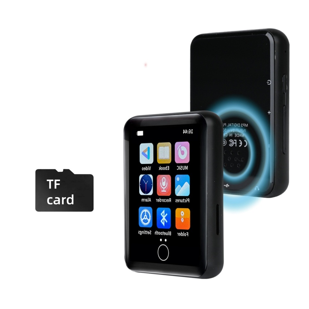 Ein schwarzer MP3-Player mit Bildschirm, der Symbole zeigt. Eine TF-Karte ist daneben abgebildet.