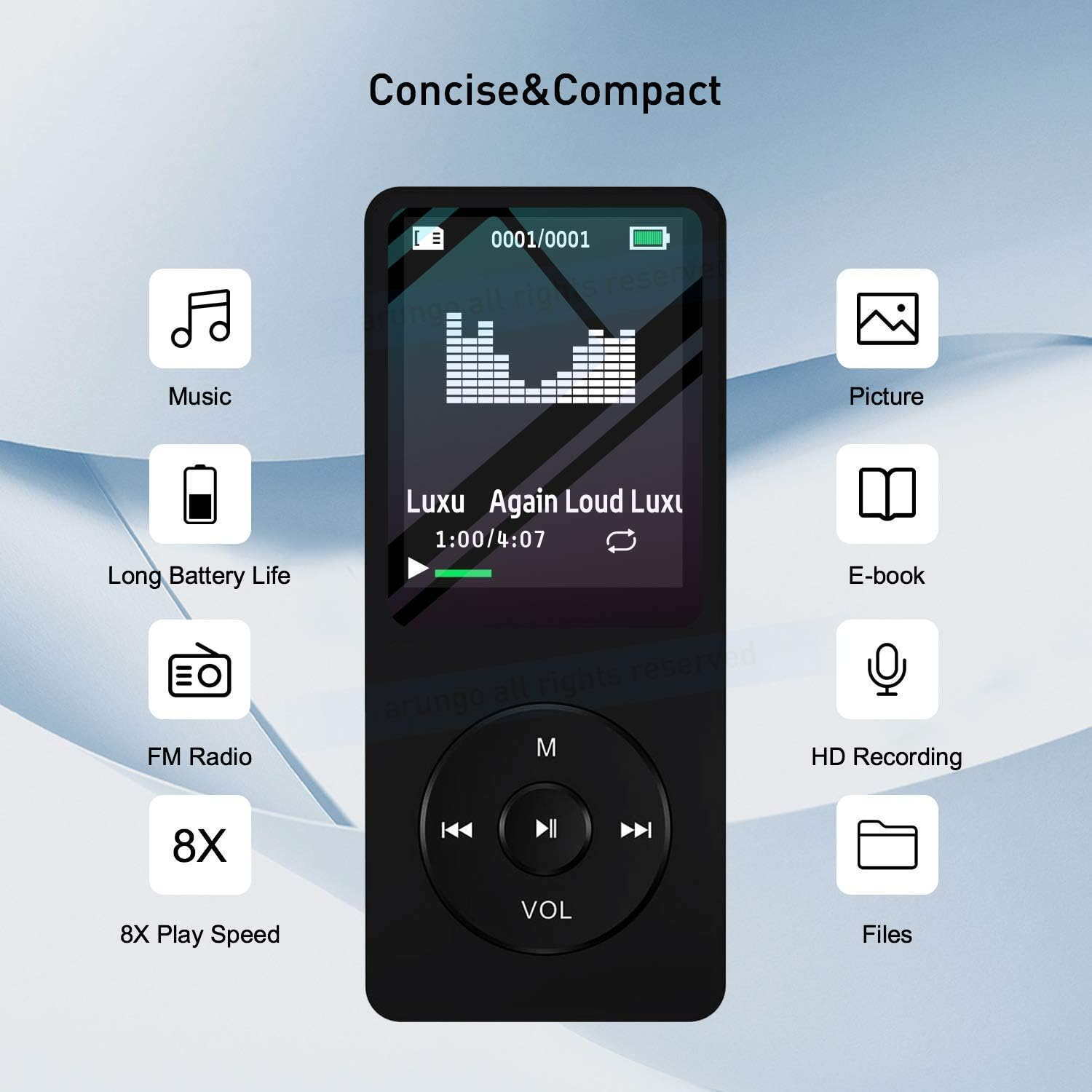 MP3-Player mit Bildschirm, der Musiksteuerungen und Symbole wie 'Musik', 'E-Book' und 'FM-Radio' anzeigt.